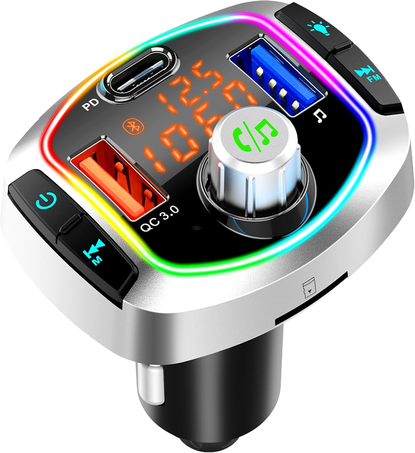 Auto-bluetooth-fm-transmitter, Zigarettenanzünder-radio-transmitter-adapter, Unterstützt Qc3.0, Ubs C-schnellladung, Radio-mp3-musik-player, Freisprechen, 7-farben-licht