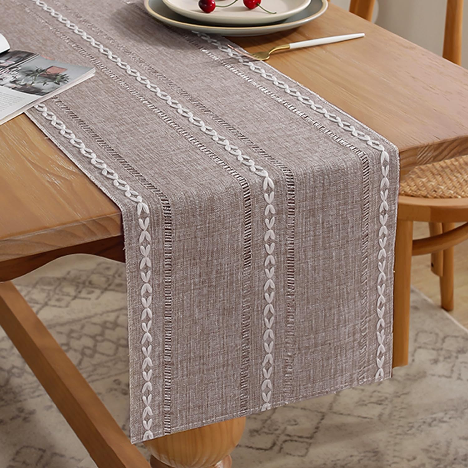 Mandelgelber Tischläufer Im Boho-stil, 33 X 140 Cm, Beiger Tischläufer Aus Baumwoll-leinen, Modern, Latte, Tischdecke, Küchendekoration Für Landhaus-, Geburtstags- Und Hochzeitsdekorationen