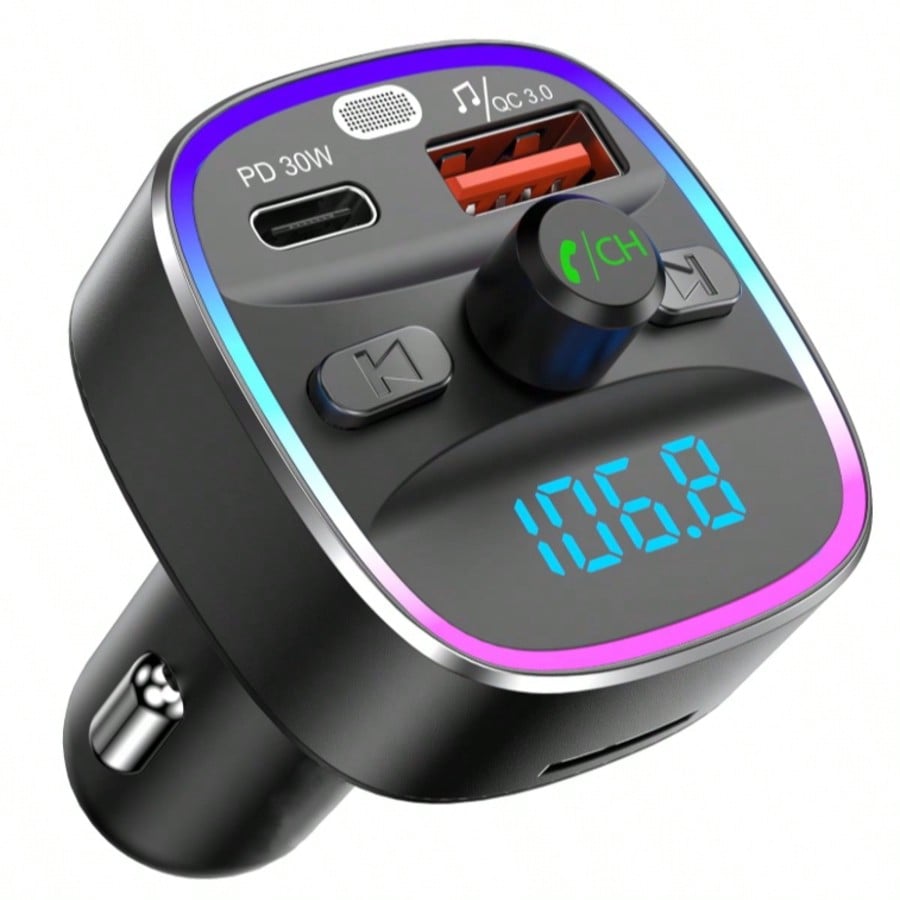 Bluetooth-auto-fm-transmitter, Bluetooth 5.4 Mp3-player-adapter, Auto-fm-transmitter-kit, 48 W, Pd-ladegerät 30 W Und 18 W, Freisprechen, 7 Lichtfarben, Unterstützt Sd-karte Und Usb-flash-laufwerk