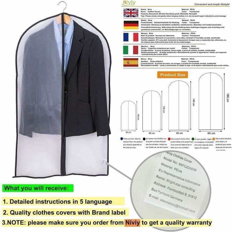 Crea Set Mit 6 Kleidersäcken Mit Reißverschluss, Staub- Und Mottendicht, Aus Lichtdurchlässigem Peva, Wasserdicht Und Atmungsaktiv, 60 X 100 Cm, Schwarz