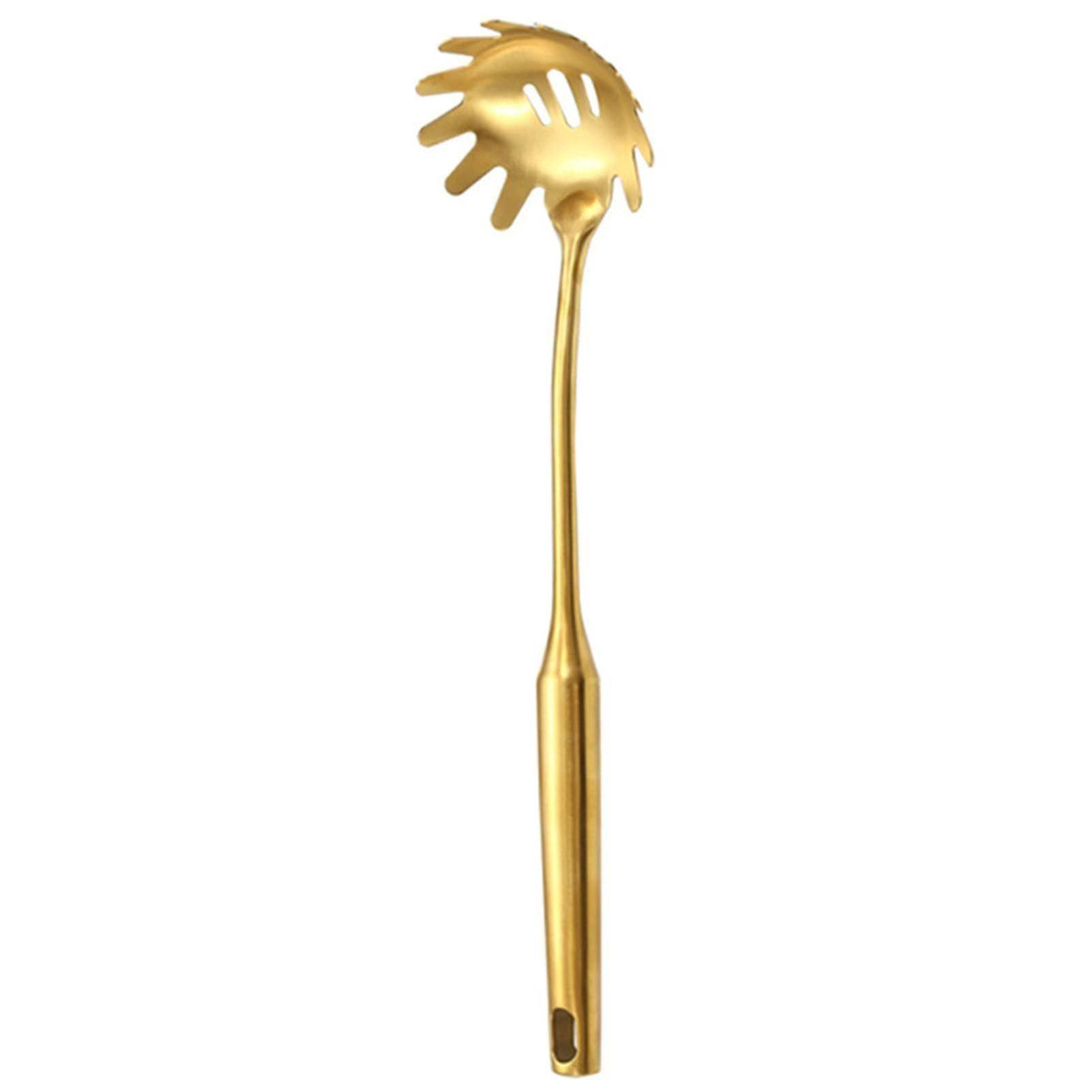 Set Aus 6 Küchenutensilien Aus Edelstahl: Goldene Suppenkelle, Spatel, Rostfrei, Modernes Design Und 1 Pastalöffel.