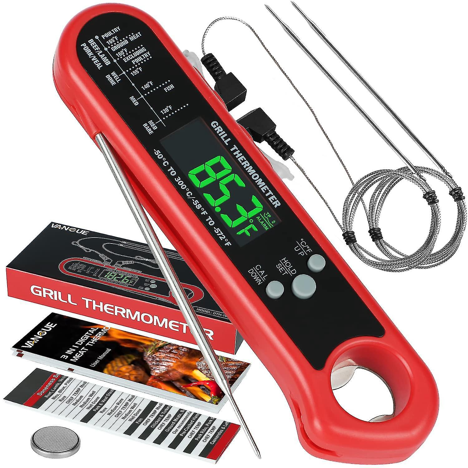 Digitales 3-in-1-fleischthermometer, Sofortanzeige-lebensmittelthermometer Mit 2 Abnehmbaren Kabelgebundenen Sonden, Kalibrierungs- Und Alarmfunktion, Hintergrundbeleuchtetes Lcd-display Für Grillgeri