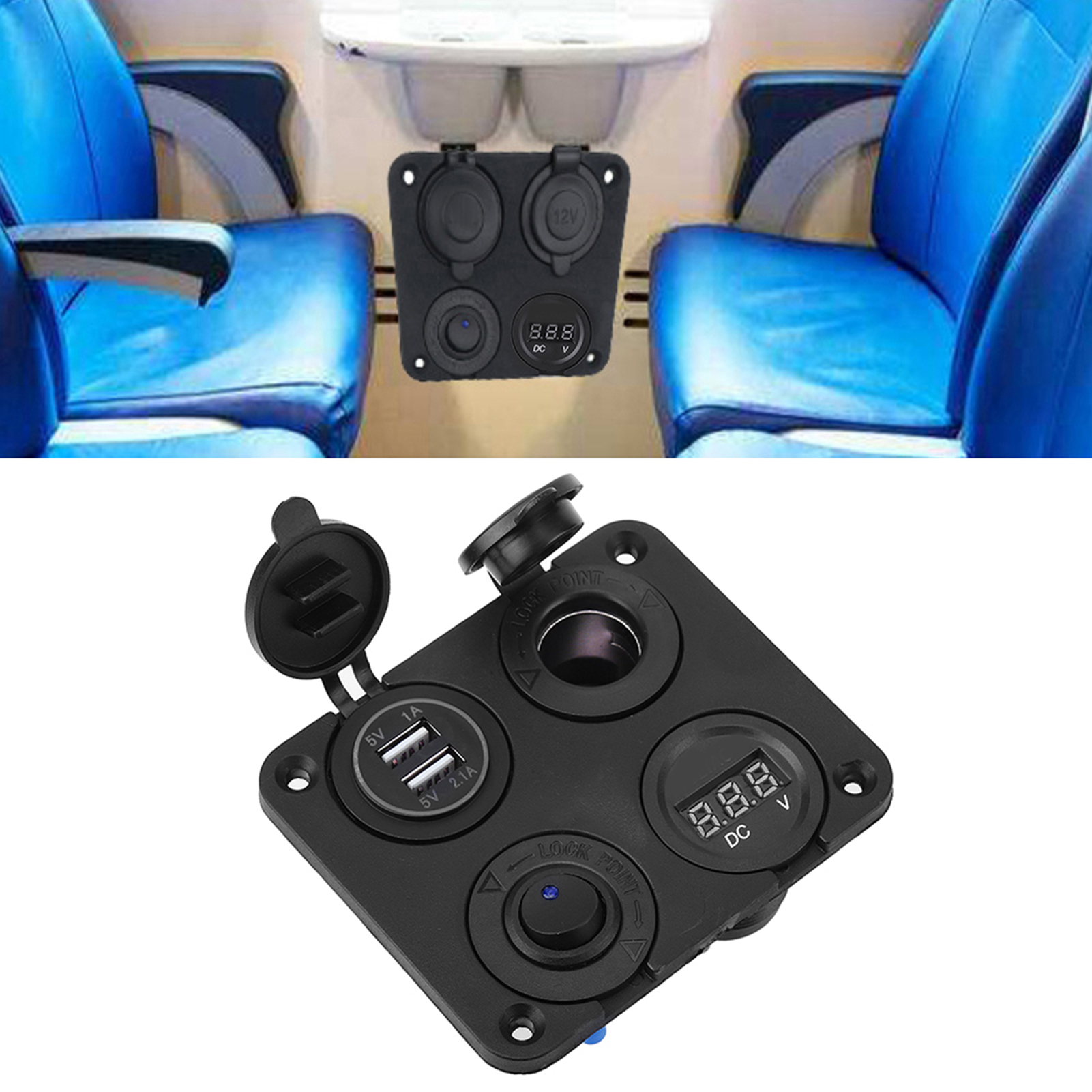 12v 4-port Led-wippschalterpanel Mit Zigarettenanzünder, Voltmeter Und Zwei 4,2a Usb-anschlüssen Für Auto Oder Boot – Blau