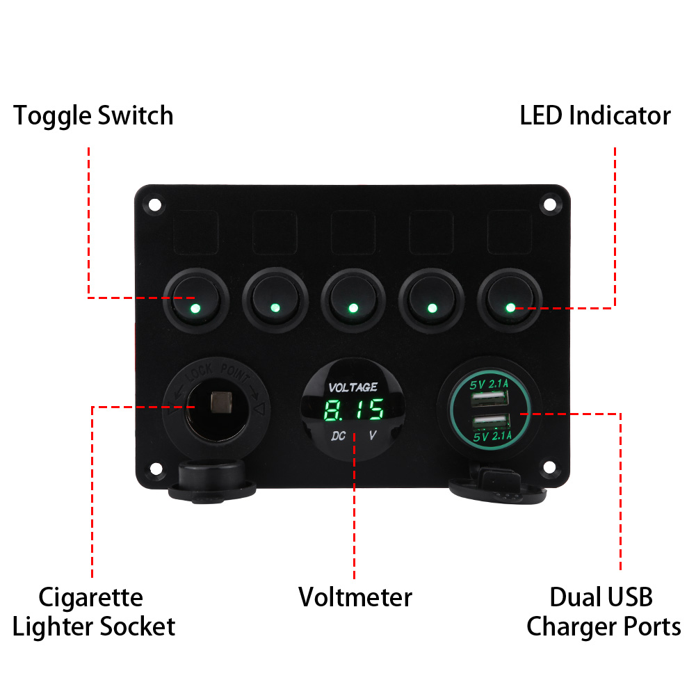 5-wege-wippschalterpanel (12–24 V) Mit Zwei Usb-anschlüssen Und Voltmeter Für Auto, Boot, Lkw – Grüne Led