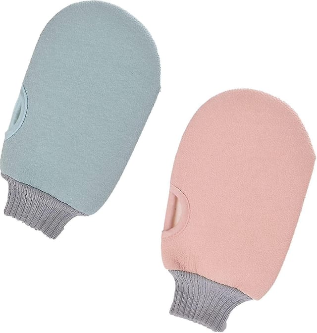 Set Mit 2 Peelinghandschuhen, Rosa Und Blau. Doppelseitig, Zum Tragen.