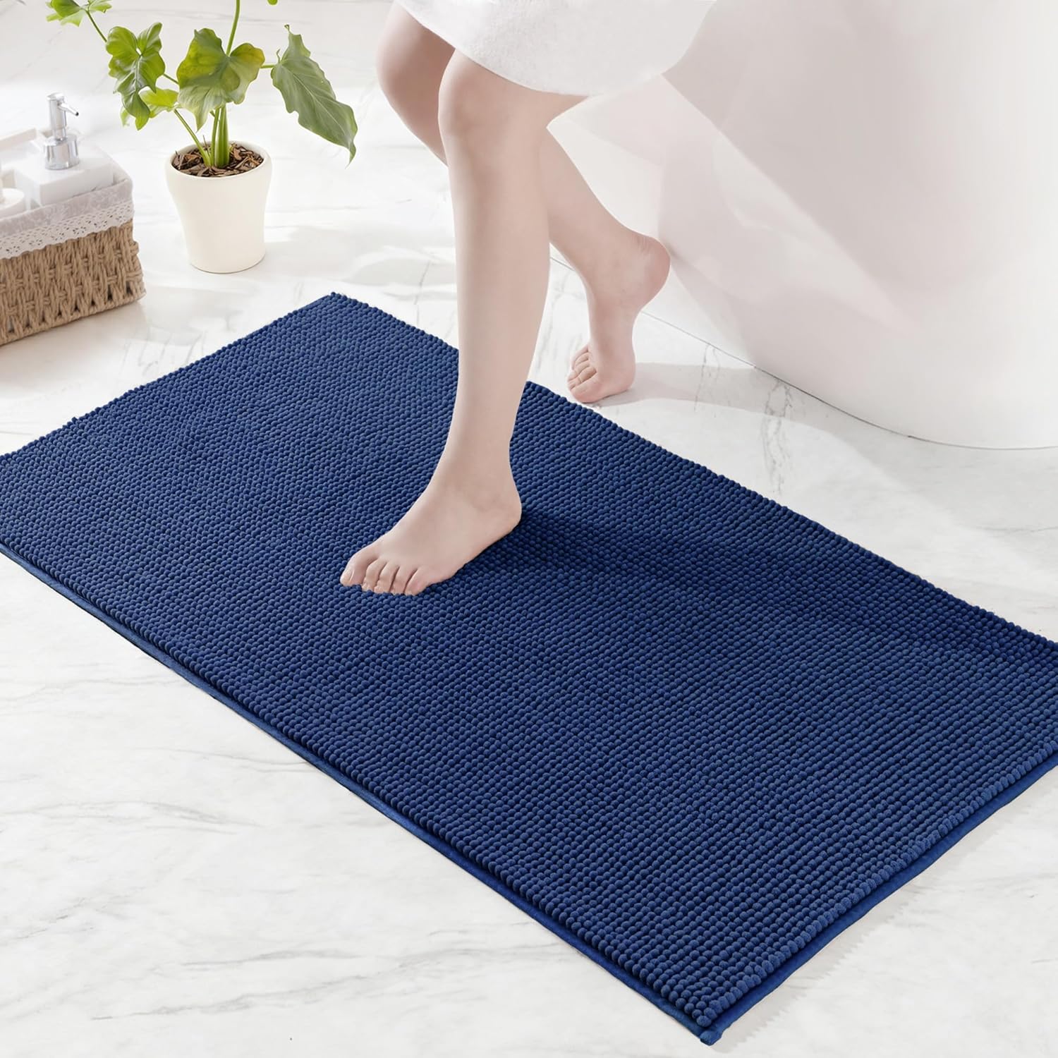 Badematte, Chenille, Rutschfest, Saugfähig, Schnelltrocknend, Maschinenwaschbar, Für Badezimmer, 60 X 90 Cm, Marineblau