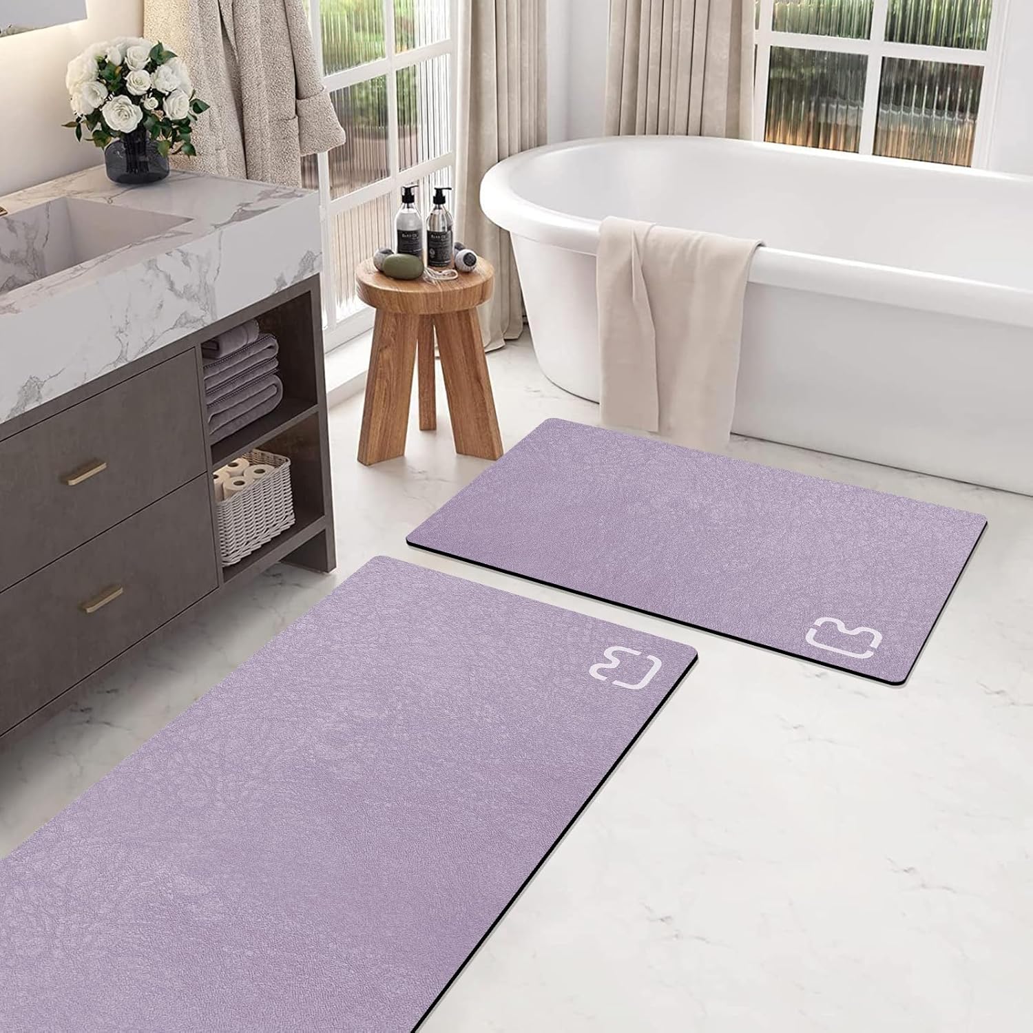 Set Mit 2 Badematten, Kieselgur, Schnelltrocknend, Rutschfest, Gummi, Lavendel, Badezimmer