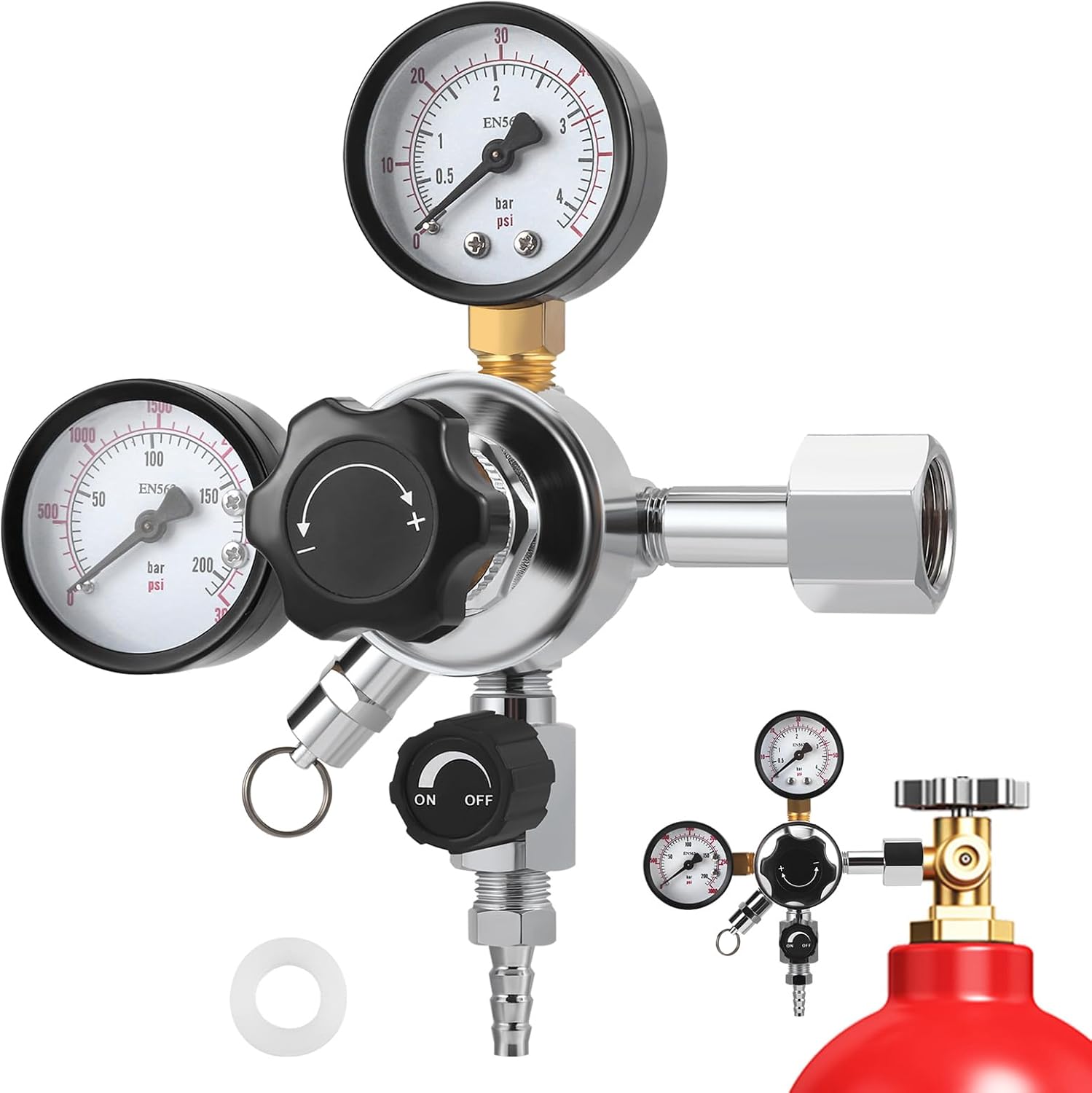 Co2-regler, Doppelmanometer W21.8, 8-mm-ausgang, Messing, Für Bierzapfanlage