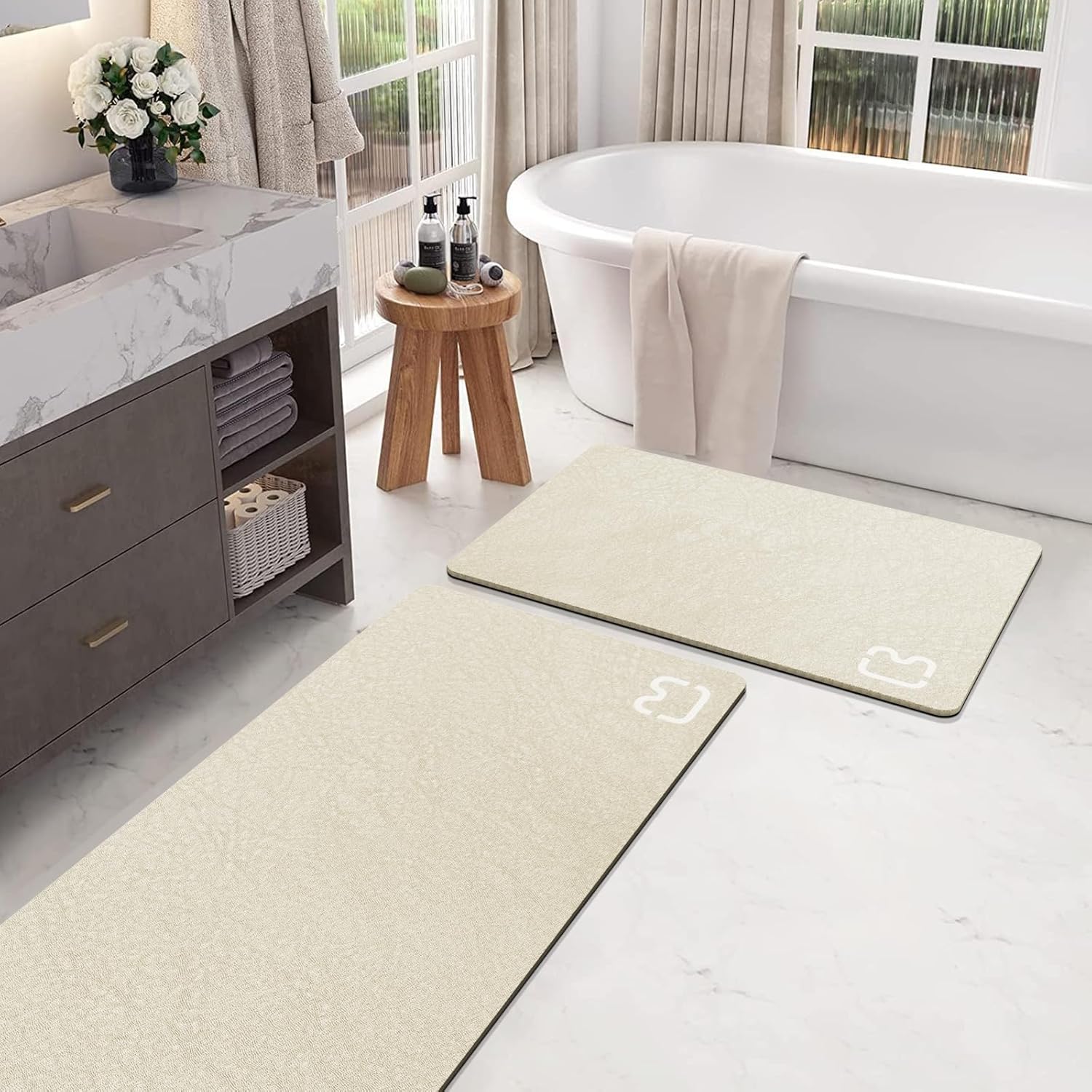 Set Mit 2 Badematten, Diatomitstein, Schnelltrocknend, Rutschfest, Beige, 40 X 120 Cm Und 40 X 60 Cm, Badezimmer