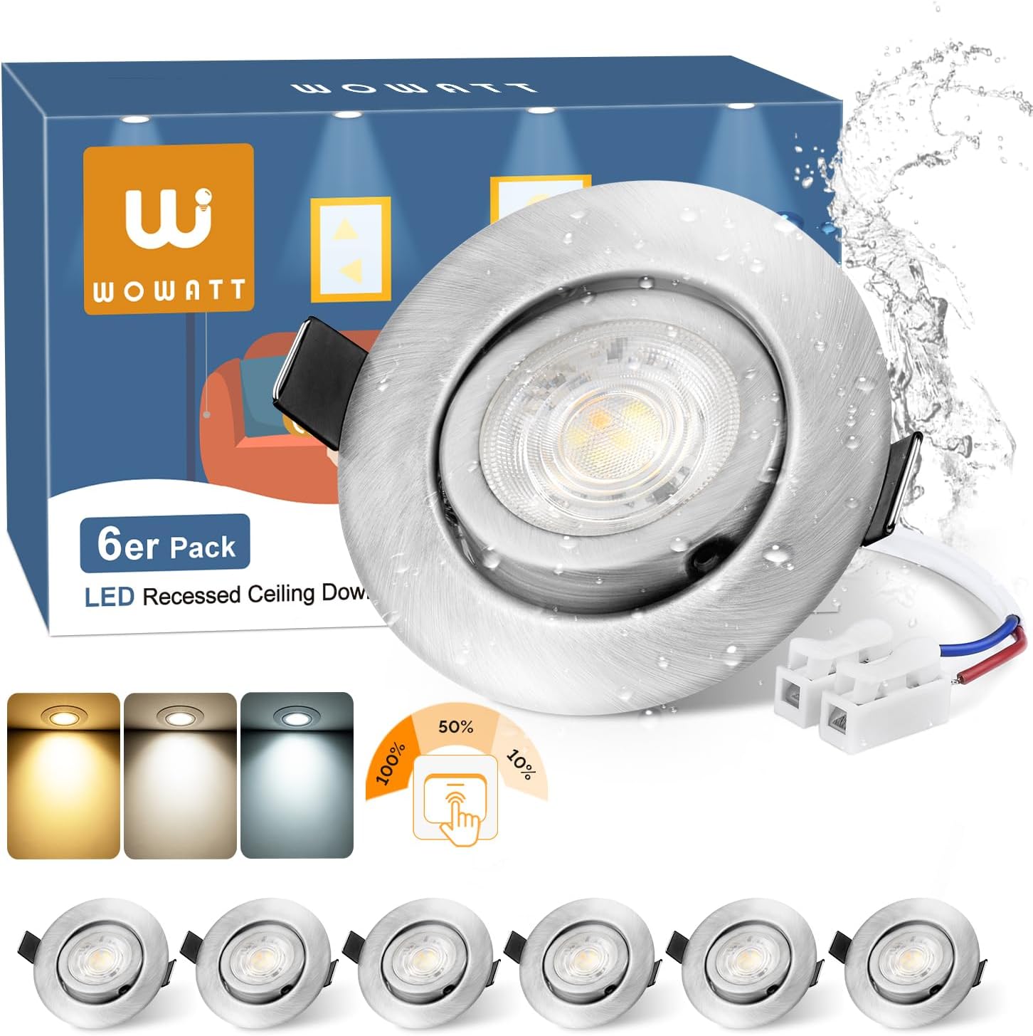 Set Mit 6 Led-einbaustrahlern, Dimmbar In 3 Stufen, Um 30 Grad Verstellbar, Schutzart Ip44, 3 Einstellbare Farben, Für Badezimmer