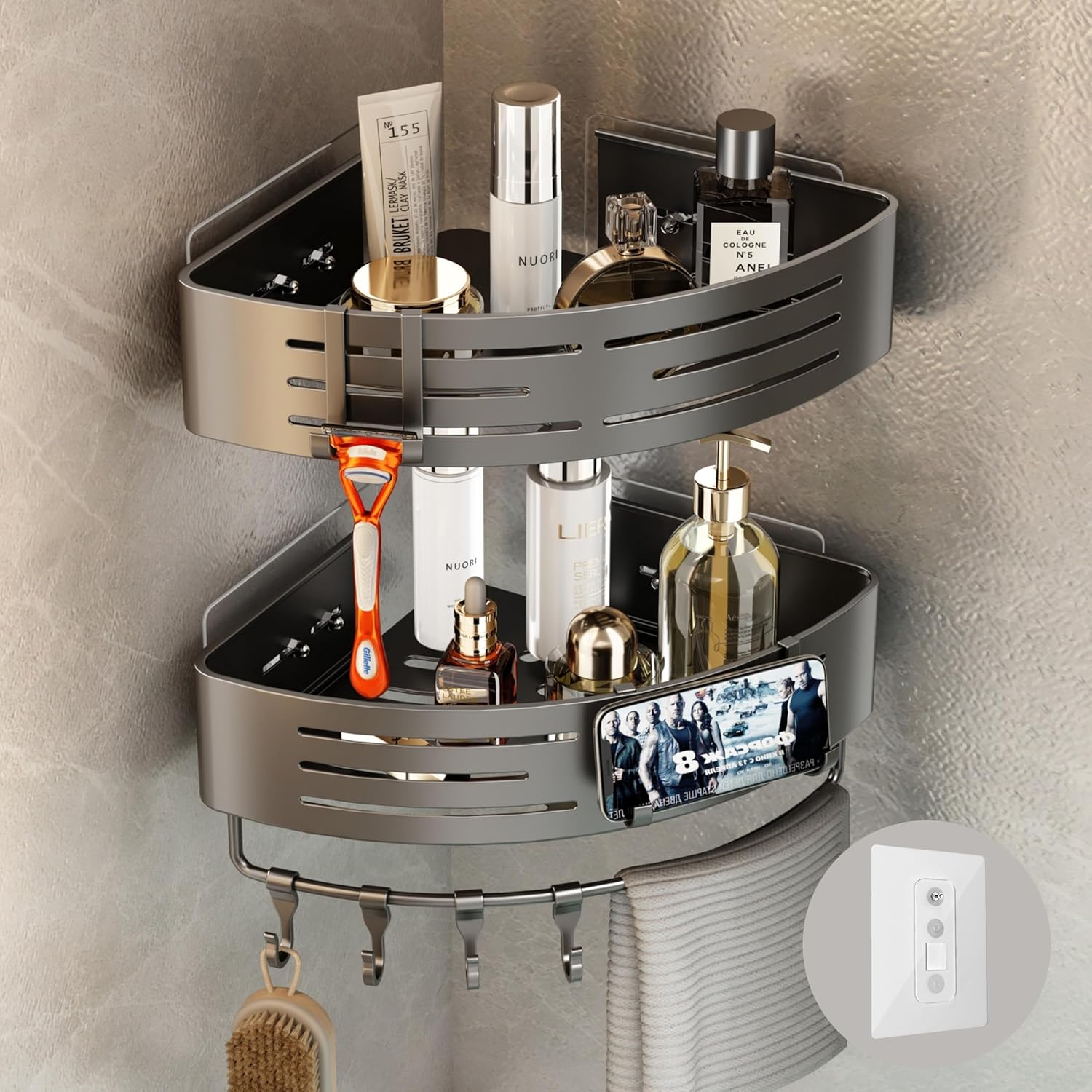 2-teiliges Eckduschregal, Rostfreies Aluminium, Handtuchhalter Und Haken, Selbstklebend, Kein Bohren Erforderlich, Für Bad Und Küche