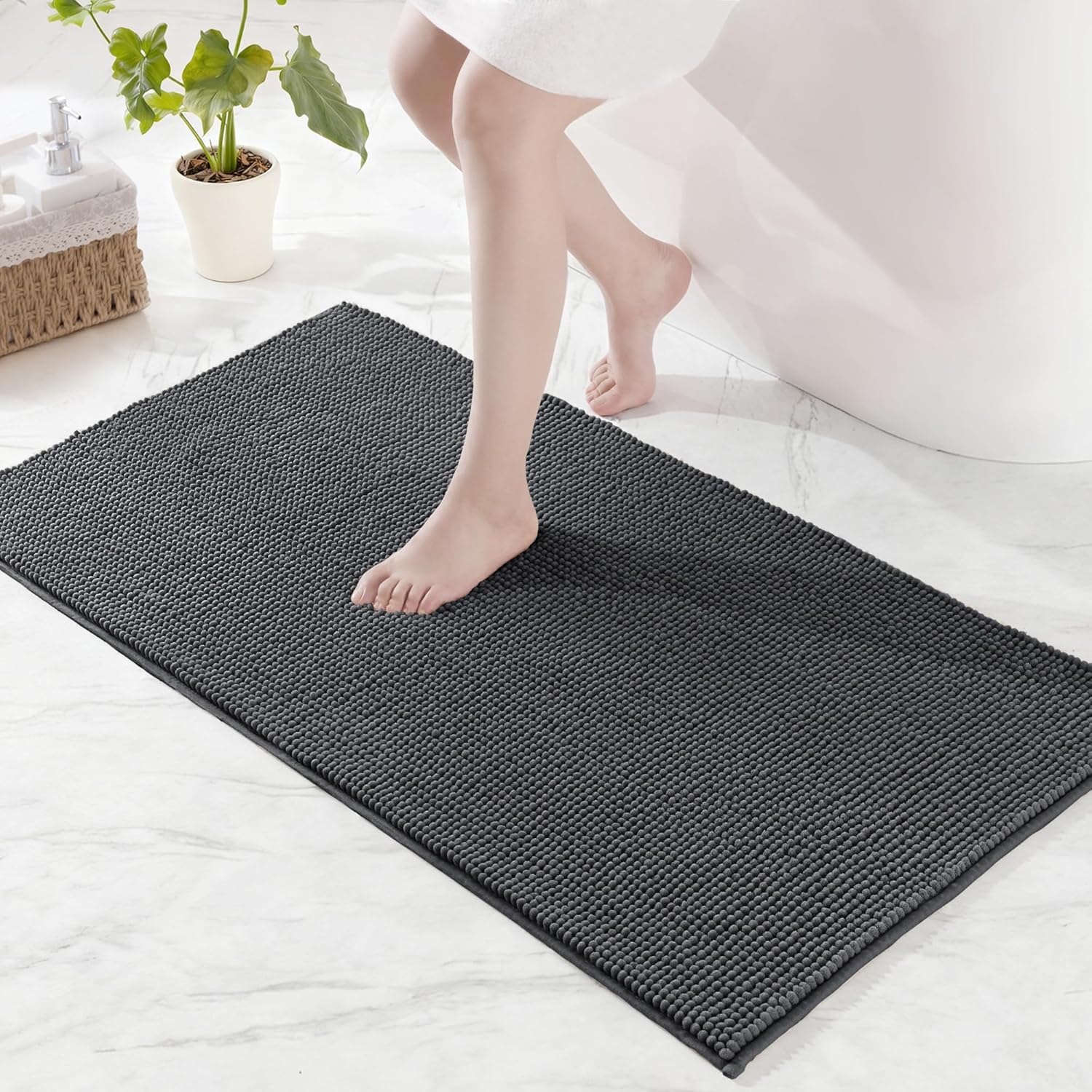 Badematte, Chenille, Rutschfest, Saugfähig, Schnelltrocknend, Maschinenwaschbar, Badezimmer, 60 X 90 Cm, Grau