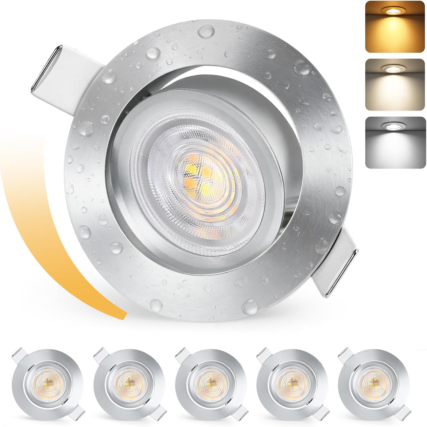Set Mit 6 Dimmbaren Led-einbaustrahlern (3000–6500 K), 45° Schwenkbar, Schutzart Ip44, Aluminium, Für Badezimmer