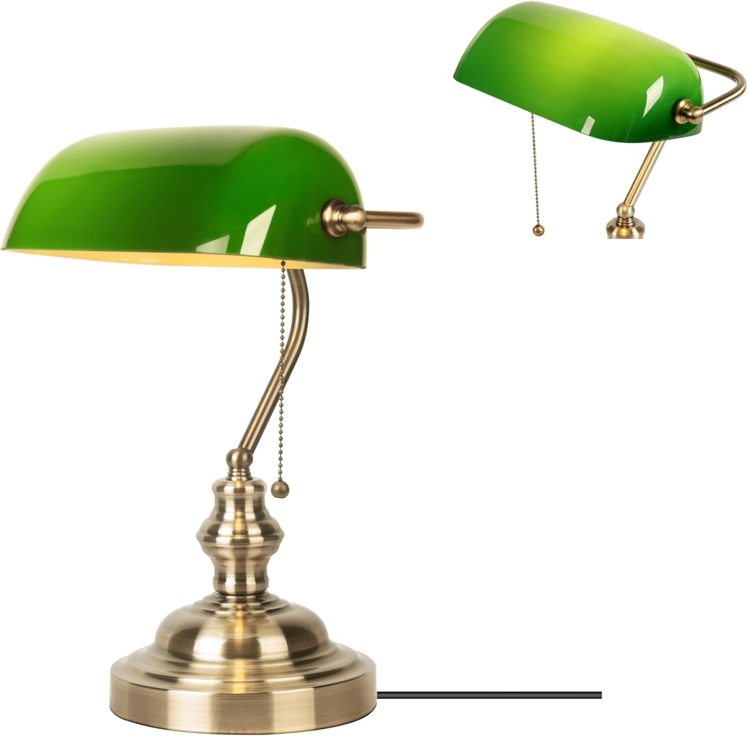 Schreibtischlampe, Grüner Glasschirm, Messingfuß, Zugschalter, 350° Drehbar, Für Schlafzimmer Und Büro