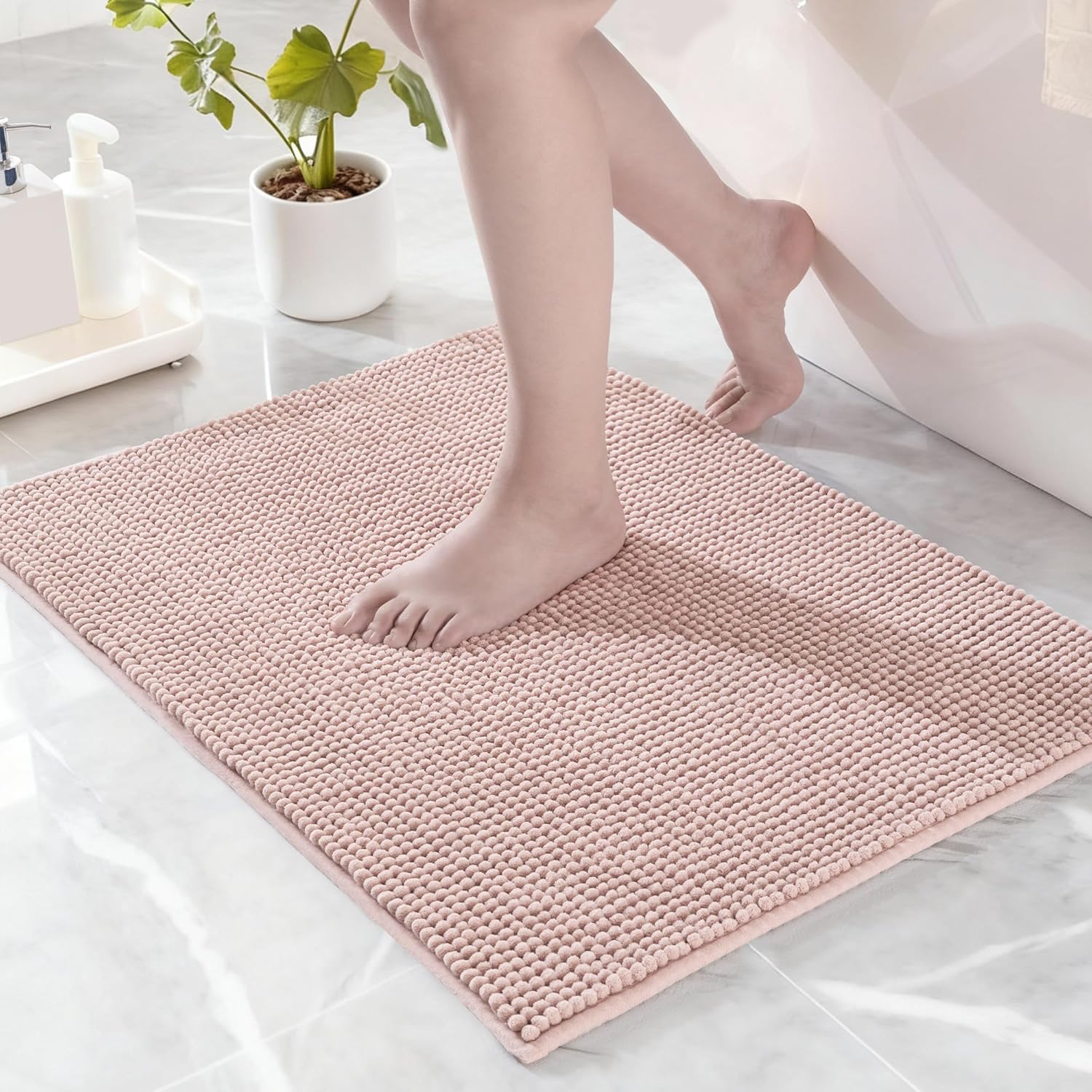 Badematte, Chenille, Rutschfest, Saugfähig, Schnelltrocknend, Maschinenwaschbar, Für Badezimmer, 60 X 90 Cm, Rosa