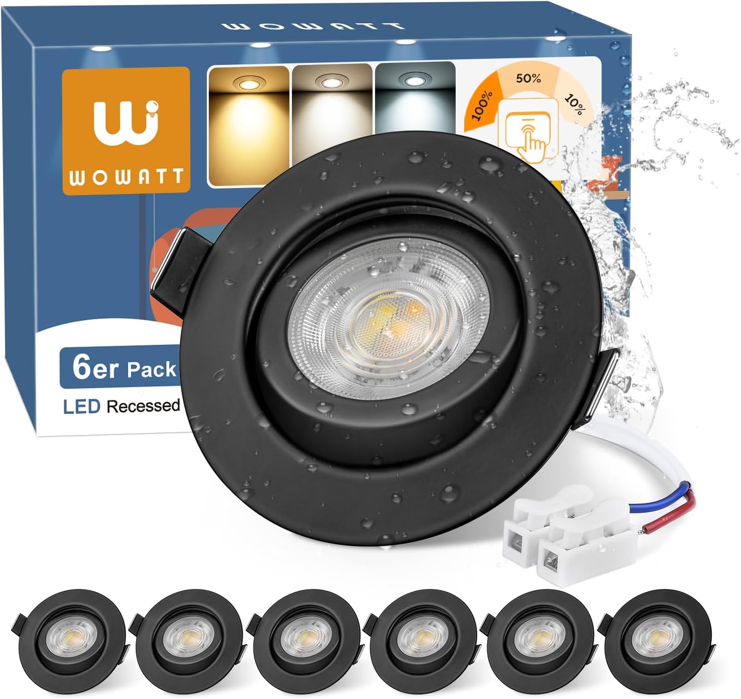 Set Mit 6 Schwarzen Led-einbaustrahlern, 3-stufig Dimmbar, Einstellbare Farbtemperatur, 30° Verstellbarer Abstrahlwinkel, Schutzart Ip44 (badezimmer)