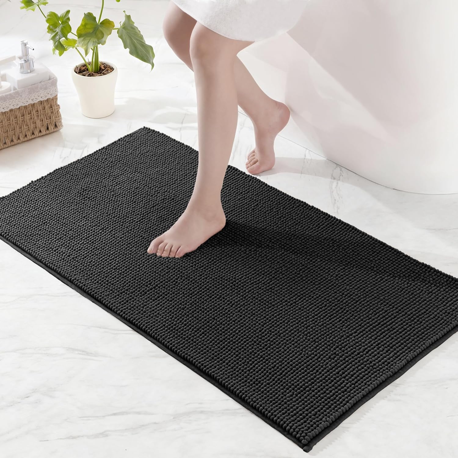 Badematte, Chenille, Rutschfest, Saugfähig, Schnelltrocknend, Maschinenwaschbar, Für Badezimmer, 60 X 90 Cm, Schwarz
