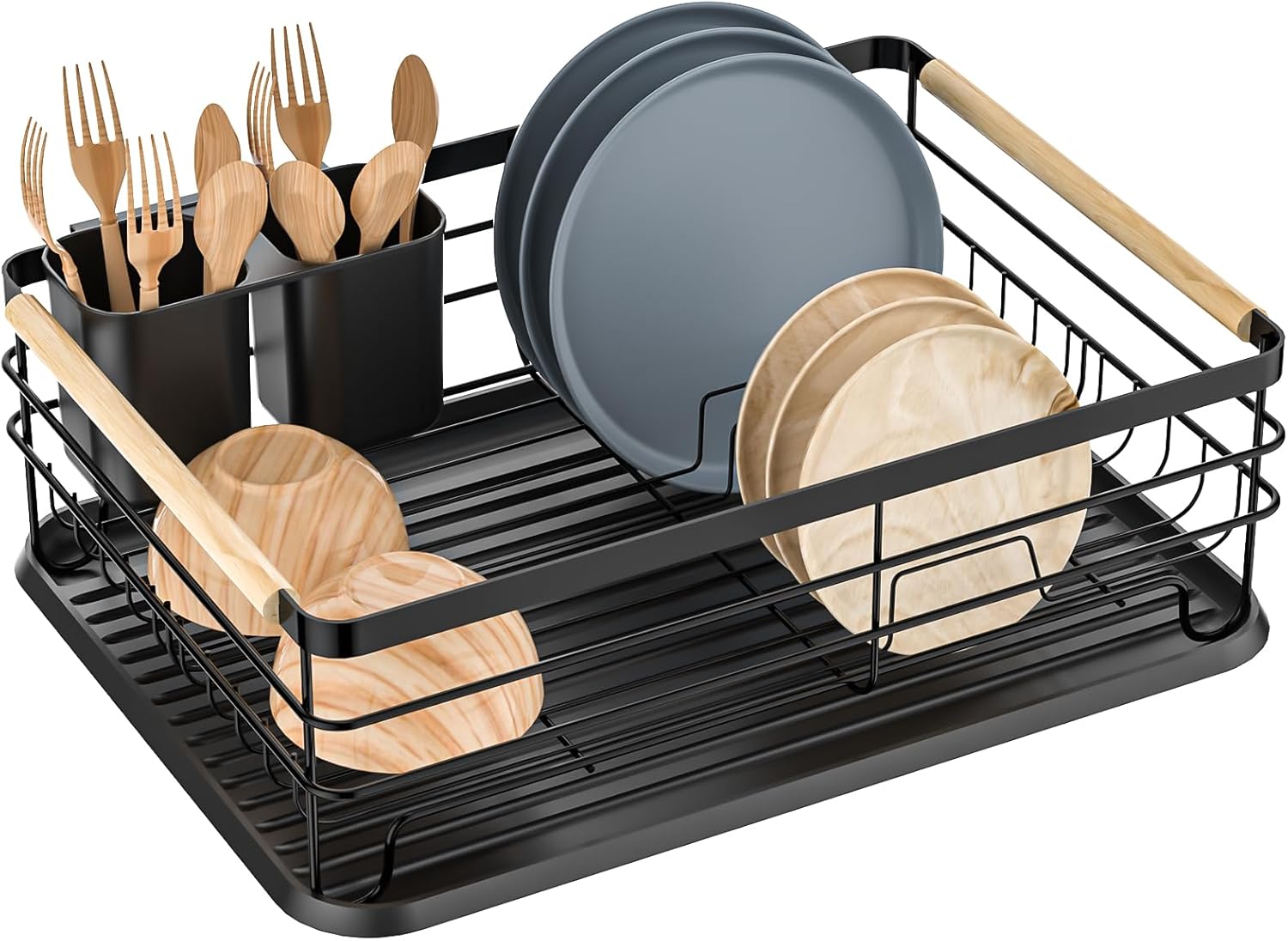 Abtropfgestell, Holzgriffe, Tropfschale, Rostfreies Metall, Familienküche