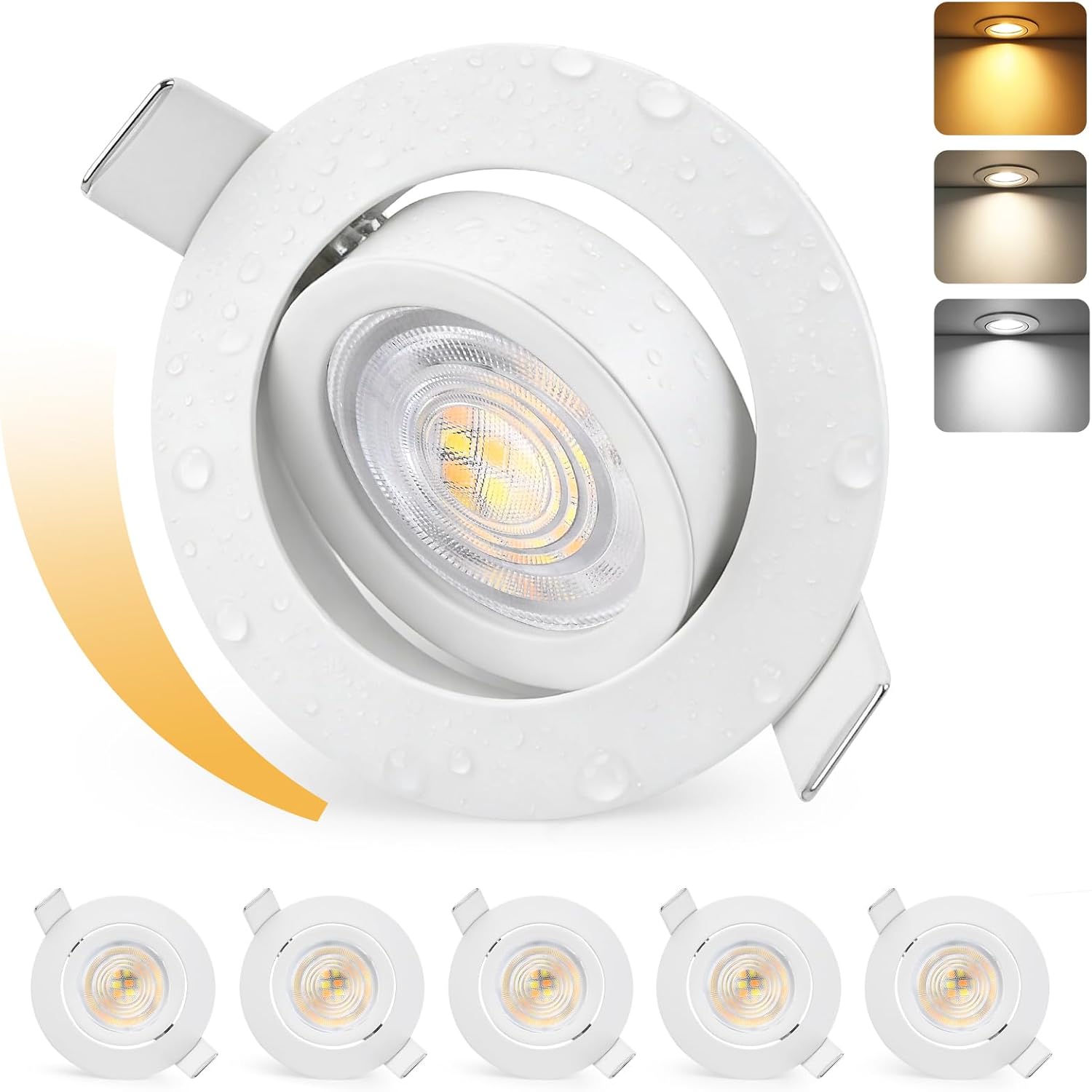 Set Mit 6 Led-einbaustrahlern, Dimmbar, 5 W, 550 Lm, 45° Drehbar, Schutzart Ip44, Badezimmer, 3000 K–6500 K