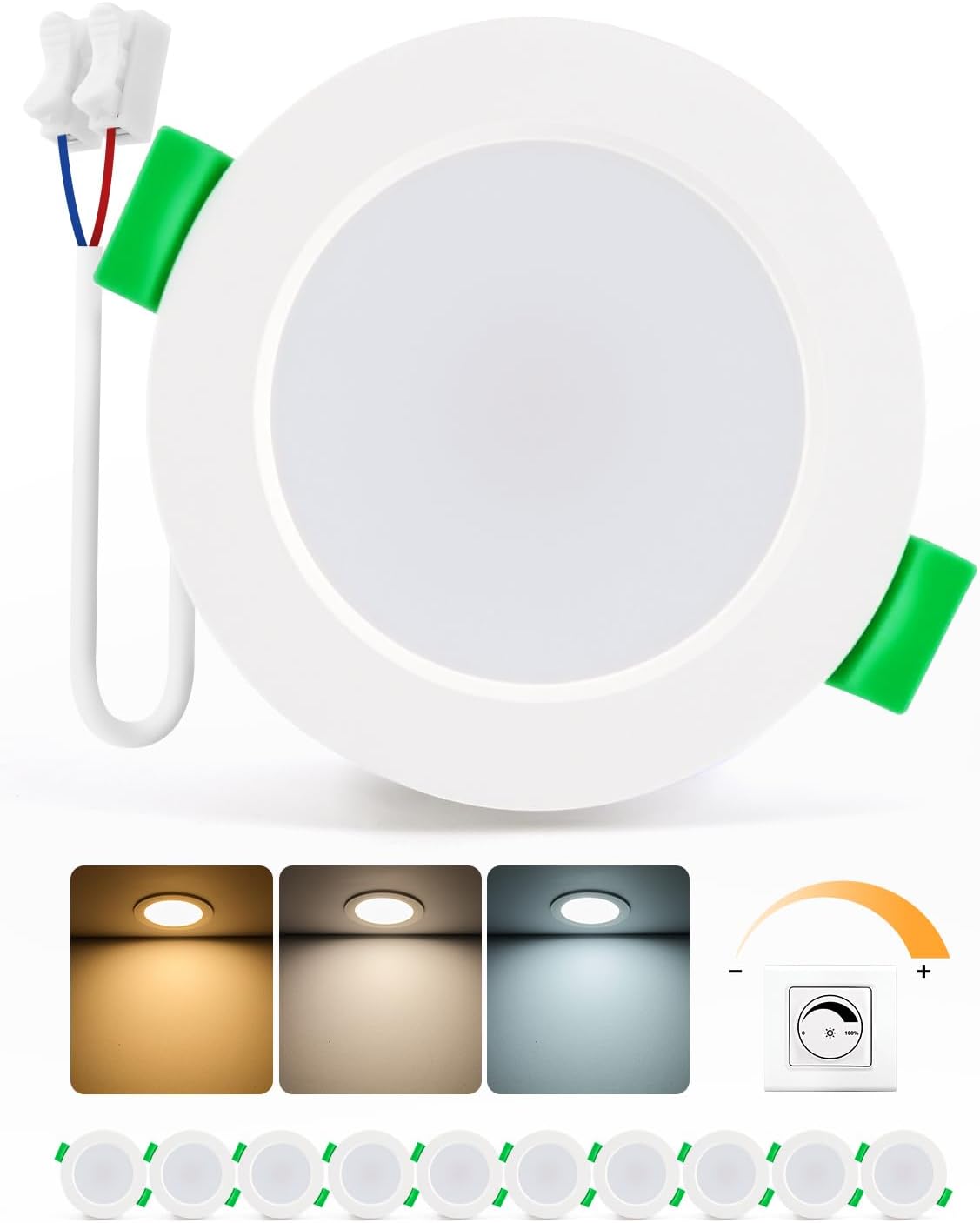 Set Mit 10 Led-einbaustrahlern, Dimmbar, Dreifarbig, Schutzart Ip44, 55-68 Mm, Für Badezimmer, Küche, Wohnzimmer