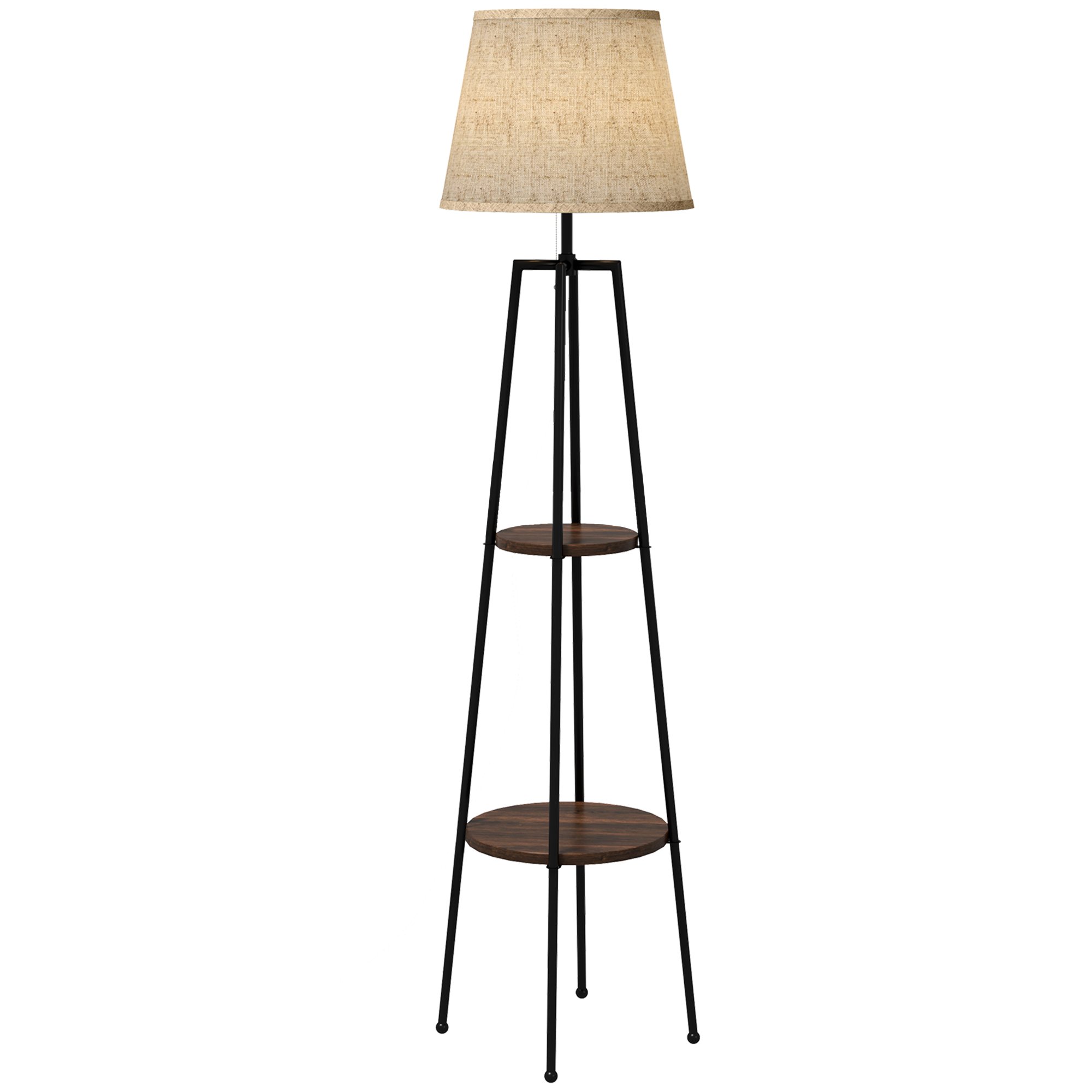 Designer-stehlampe Mit 2 Ablagen, Stofflampenschirm, E27 40w Fassung, Zugschalter, Maße 42x42x166 Cm, Farbe Schwarzbraun.