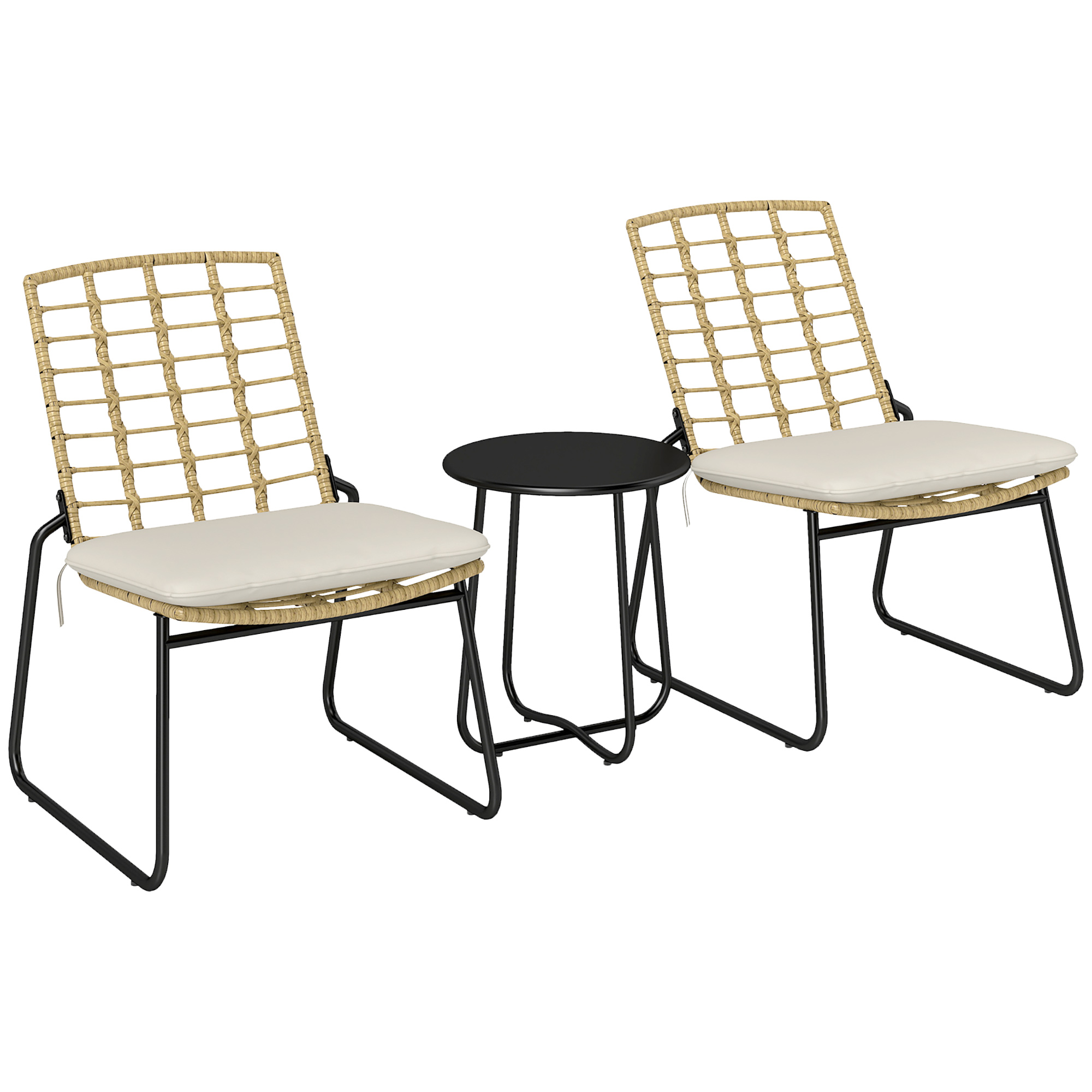 3-teiliges Garten-set: 2 Rattanstühle Und 1 Tisch Mit Metallplatte, Inklusive Kissen, Beige Und Braun