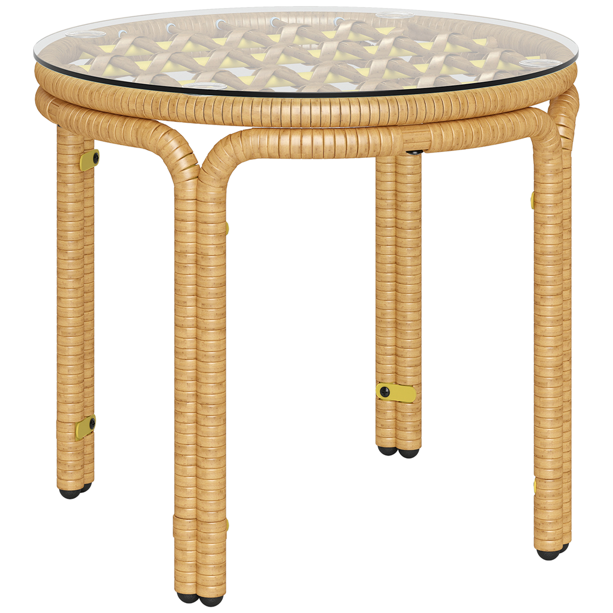 Runder Couchtisch Aus Kunstharzgeflecht Für Den Garten Mit Glasplatte, Pflegeleicht, 50 Cm Durchmesser, 44 Cm Hoch, Gelbe Farbe