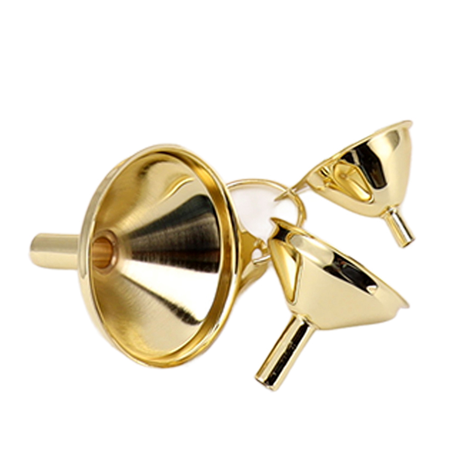 Set Mit 3 Goldenen Edelstahltrichtern Für Kochflüssigkeiten Und Öle