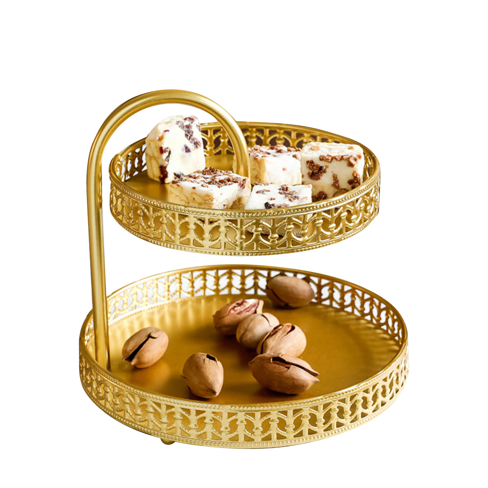 Dekoratives, Doppelstöckiges Gebäckbrett Aus Gold Und Kupfer Zum Servieren Von Desserts, Kuchen Und Für Hochzeitszeremonien