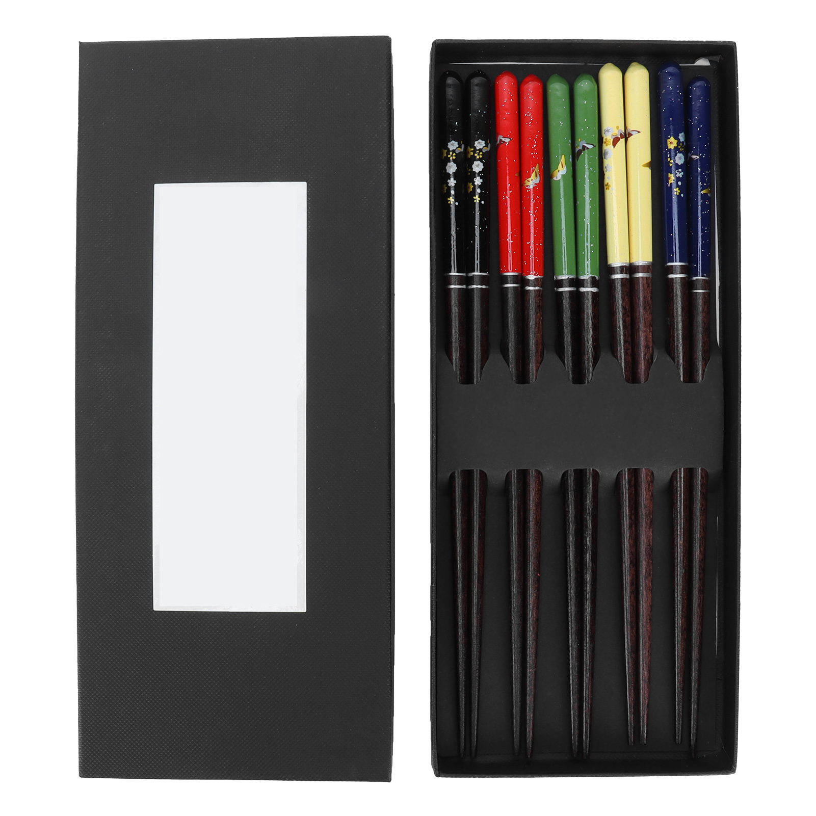 Set Mit 5 Paar Sushi-ringen Aus Holz, Spitz Zulaufend Und Elegant Bedruckt, Für Zuhause