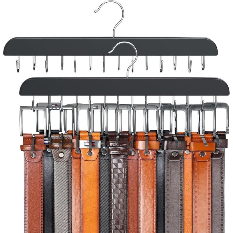 (37 × 1,6 × 13 Cm) Set Mit 2 Kleiderbügeln Für Bis Zu 42 Gürtel, Gürtelorganizer, Kleiderschrankzubehör Mit 14 Haken, Stabiler Gürtelhalter Aus Holz Für Kleiderschrankorganizer Und