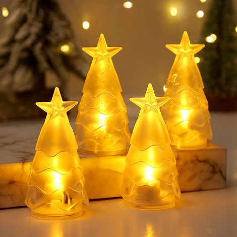 Set Mit 4 Weihnachtsbaum-nachtlichtern, Zauberhafte Atmosphäre, Warmgelbe Elektronische Kerzen, Zwei Transparente Blätter Und Zwei Funkelnde Silberne Blätter