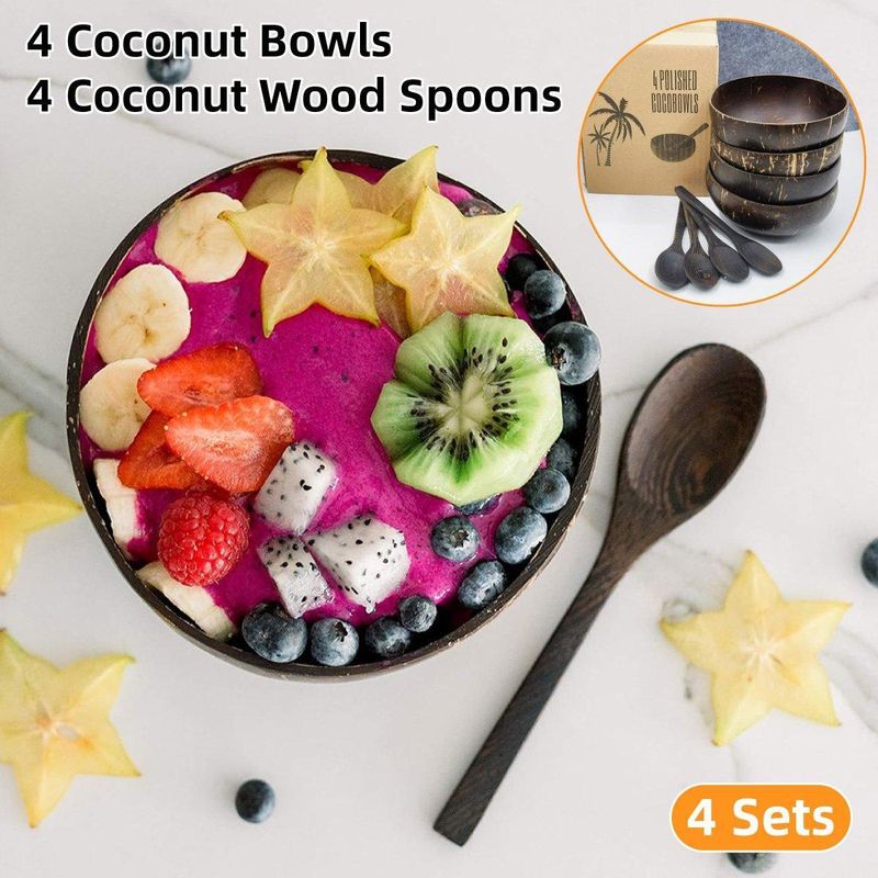 Set Mit 4 Natürlichen Kokosnussschalen Für Reis, Dessert Und Salat