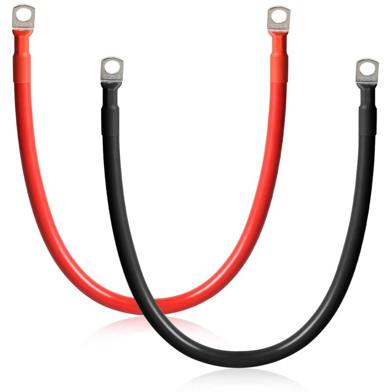 2 Pièces Cable Batterie Voiture M8 50cm Cable 25mm² Cable Batterie 12v/24v Avec Bornes Annulaires Pour Moto Solaire Câble De Batterie De Masse Voiture, Noir + Rouge