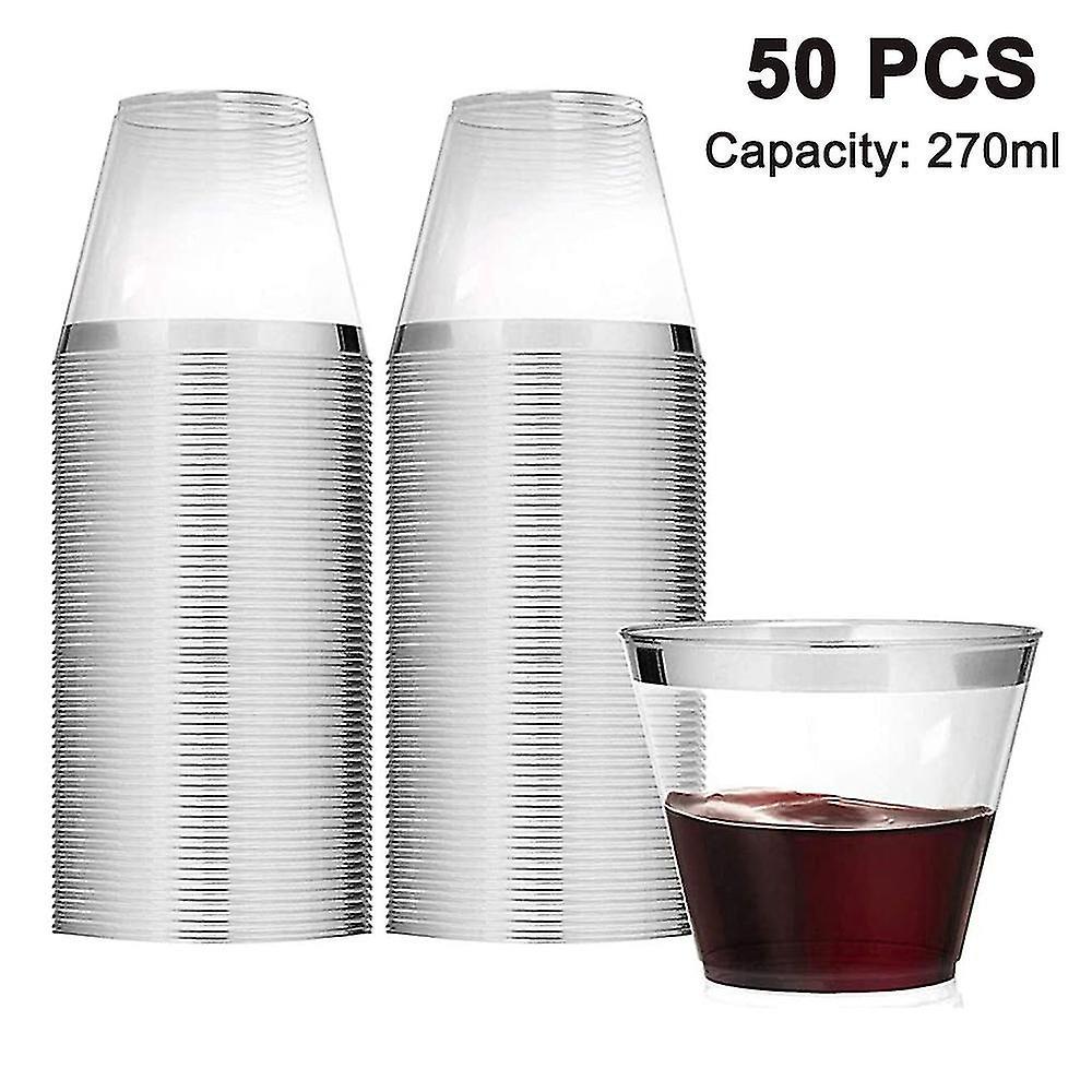 Set Aus 50 Plastikbechern Mit Goldrand, 26 Cl (9 Oz) Klare Weingläser Mit Silberrand