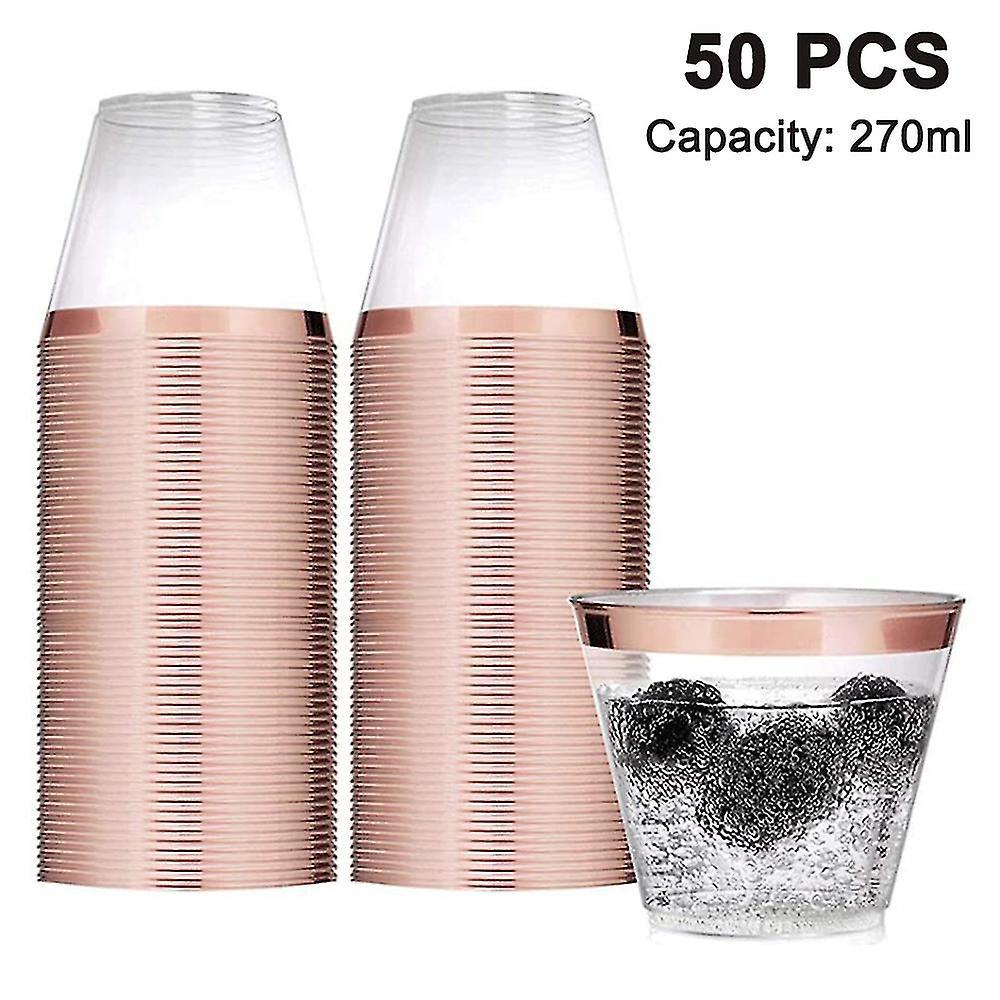 Set Aus 50 Plastikbechern Mit Goldrand, 26 Cl (9 Oz) Klare Weingläser Mit Roségoldenem Rand