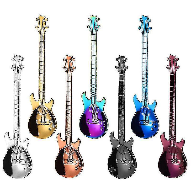 Set Mit 7 Bunten Edelstahllöffeln In Gitarrenform, Kleine Haushaltslöffel, Dessertlöffel, Eiscremelöffel, Joghurtlöffel, Teelöffel