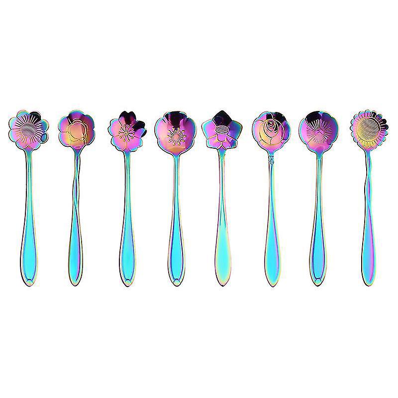 Blumenlöffel-set – 8 Regenbogenfarbene Teelöffel Zum Mischen Von Kaffee, Tee, Zucker Und Eiscreme – 8 Bunte Mini-besteckteile Mit Verschiedenen Mustern