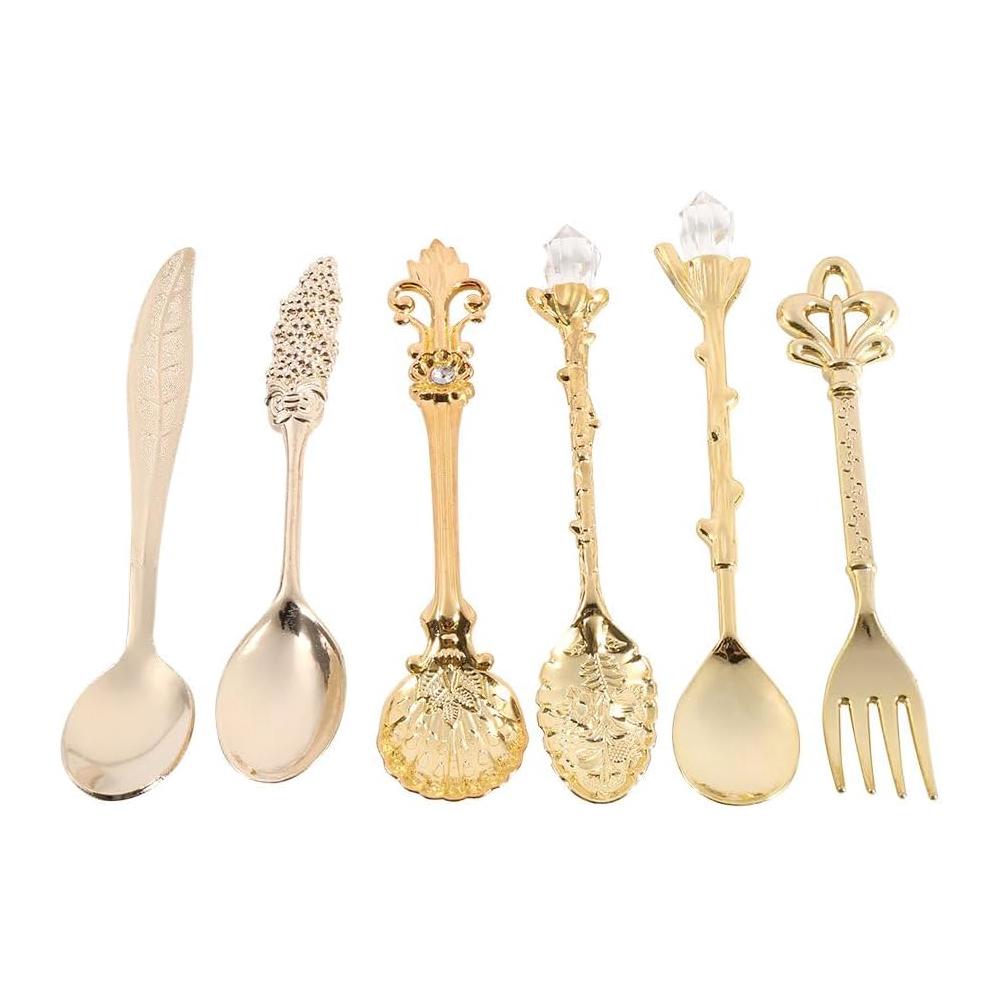 Set Aus 6 Vintage-dessertlöffeln Aus Metall, Kleinen Kaffeelöffeln, Milchlöffeln Und Obstgabeln, Geschirr Für Küche Und Esszimmer.