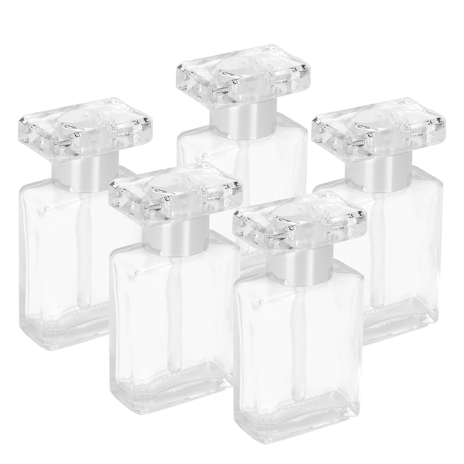 Durchsichtige Glasfläschchen Für Ätherische Öle, Wiederbefüllbar Und Tragbar, Ideal Für Reisen, Mit Silbernen Verschlüssen.