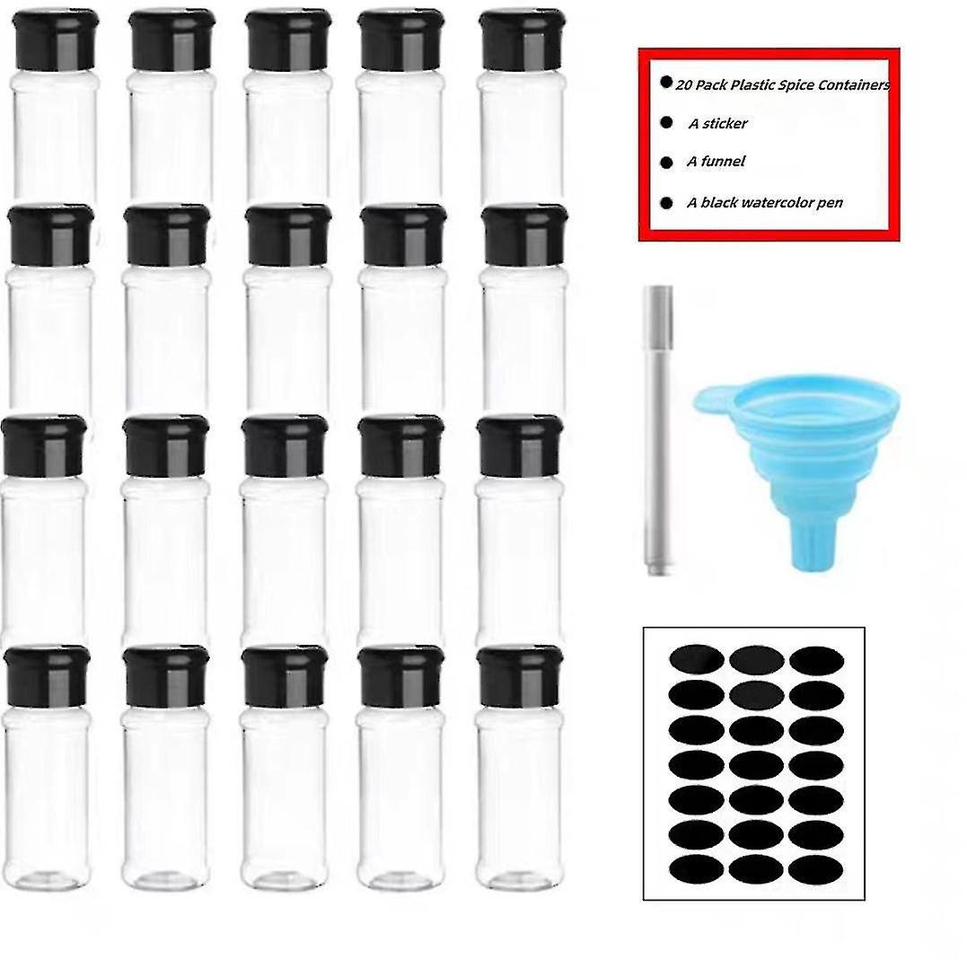 Set Mit 20 Durchsichtigen Gewürzgläsern Aus Kunststoff Mit Streudeckeln Und Etiketten, Leere Gewürzflaschen Aus Kunststoff.