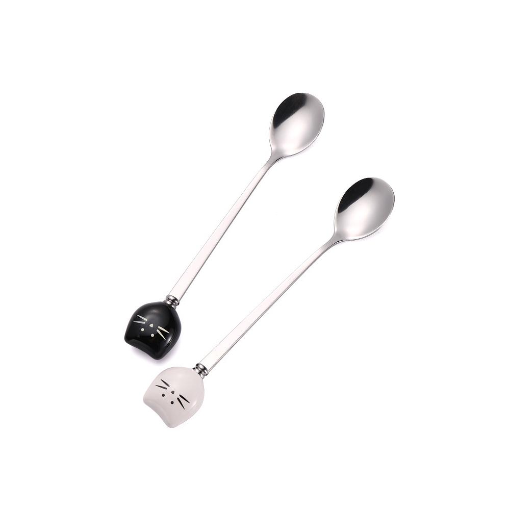 2-teiliges Set Niedlicher Katzenlöffel – Edelstahl Für Tee, Kaffee Und Zucker, Schwarz-weißes Design