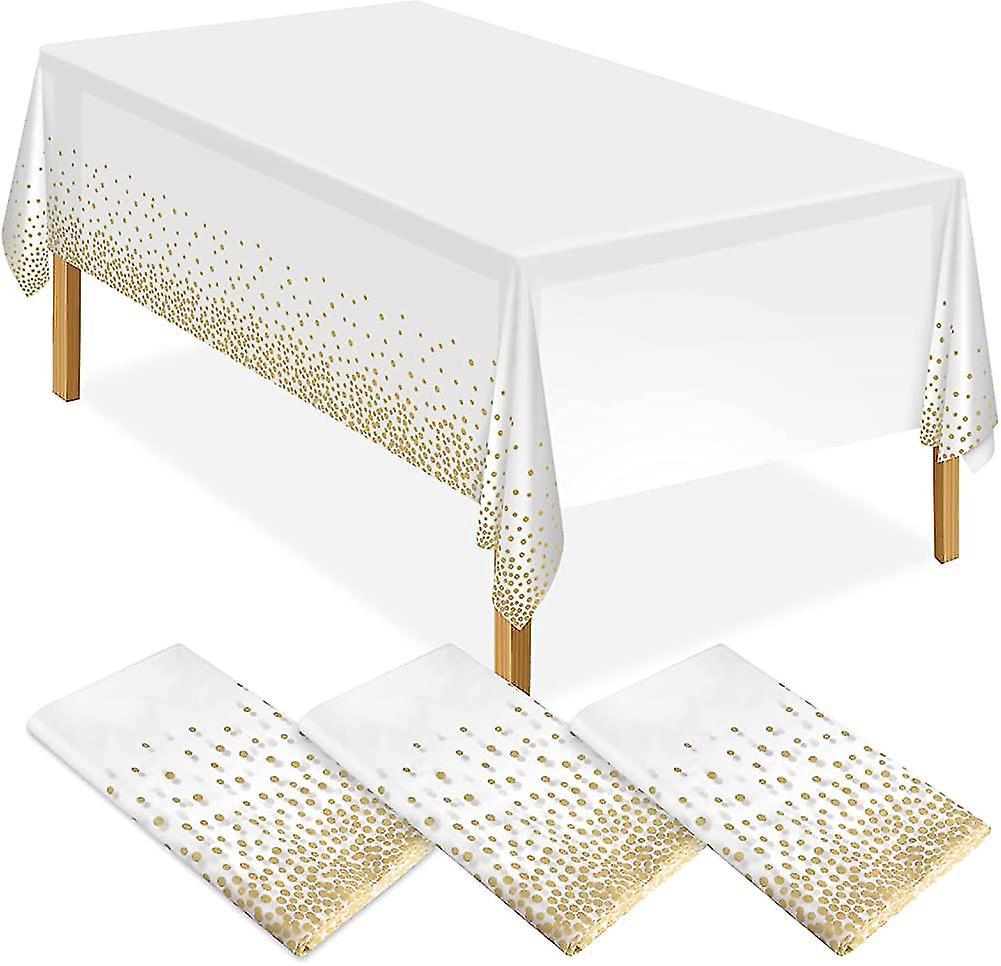 Set Aus 3 Weißen Und Goldenen Tischdecken Mit Goldenen Punkten, Aus Kunststoff, 137 X 274 Cm.