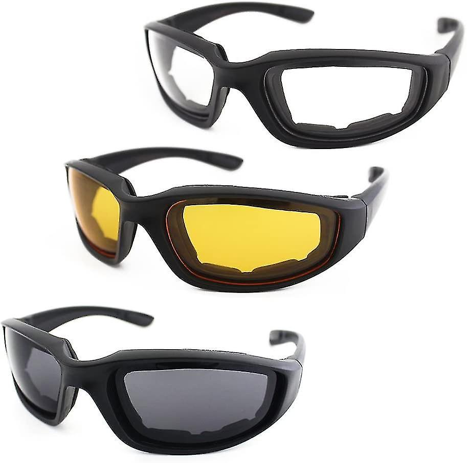 Set Mit 3 Gepolsterten Motorradbrillen, Uv-schutz, Staub- Und Winddicht, Grau + Weiß + Gelb