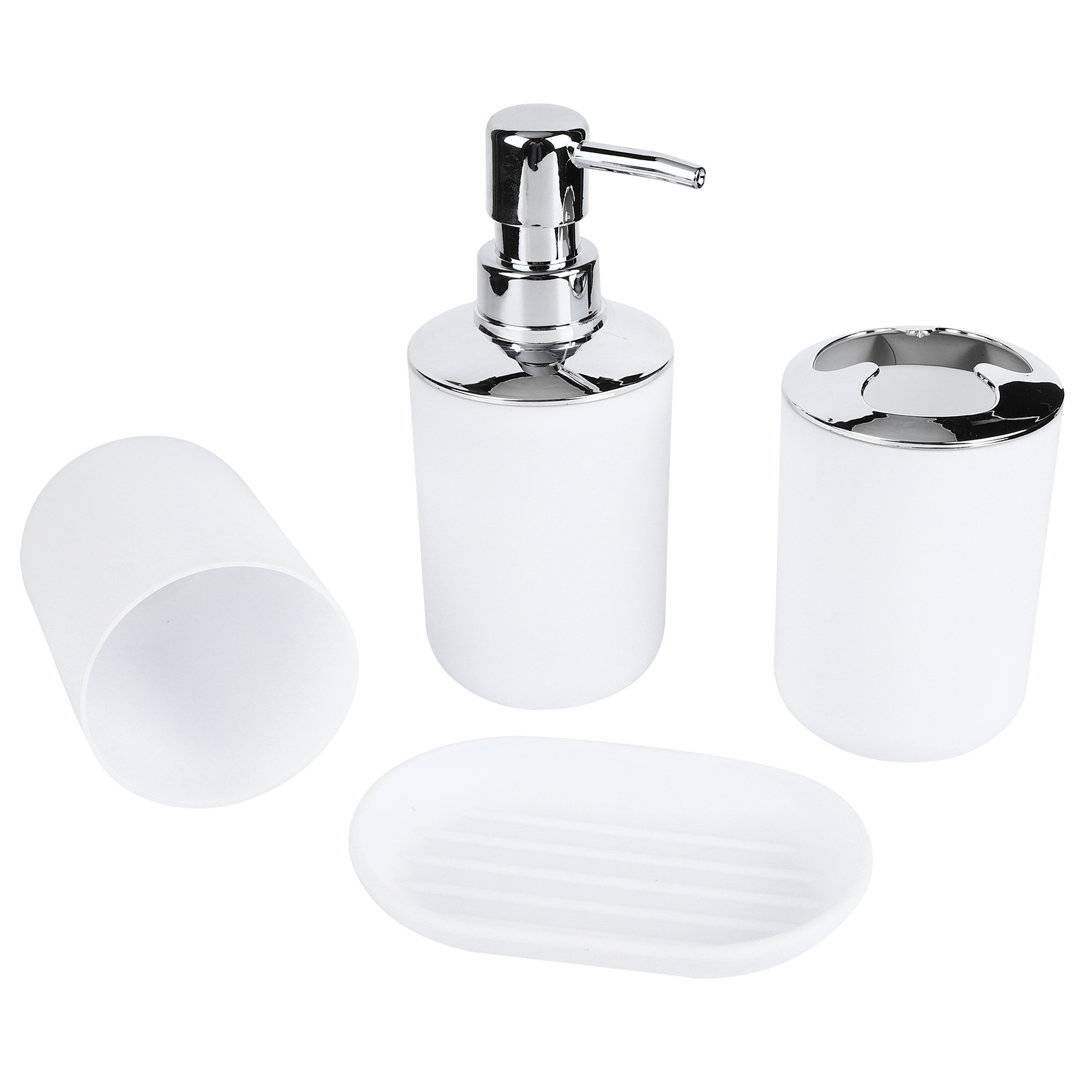 4-teiliges Badezimmer-accessoire-set: Lotionflasche Aus Kunststoff, Aufbewahrungsbehälter, Mundspülbecher, Weiße Seifenschale