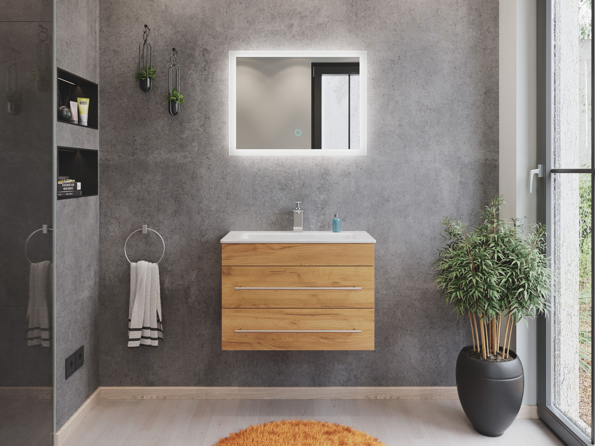 Badmöbel Mars 700 2-teilig Mit Led Spiegel Slimline Eiche Gold