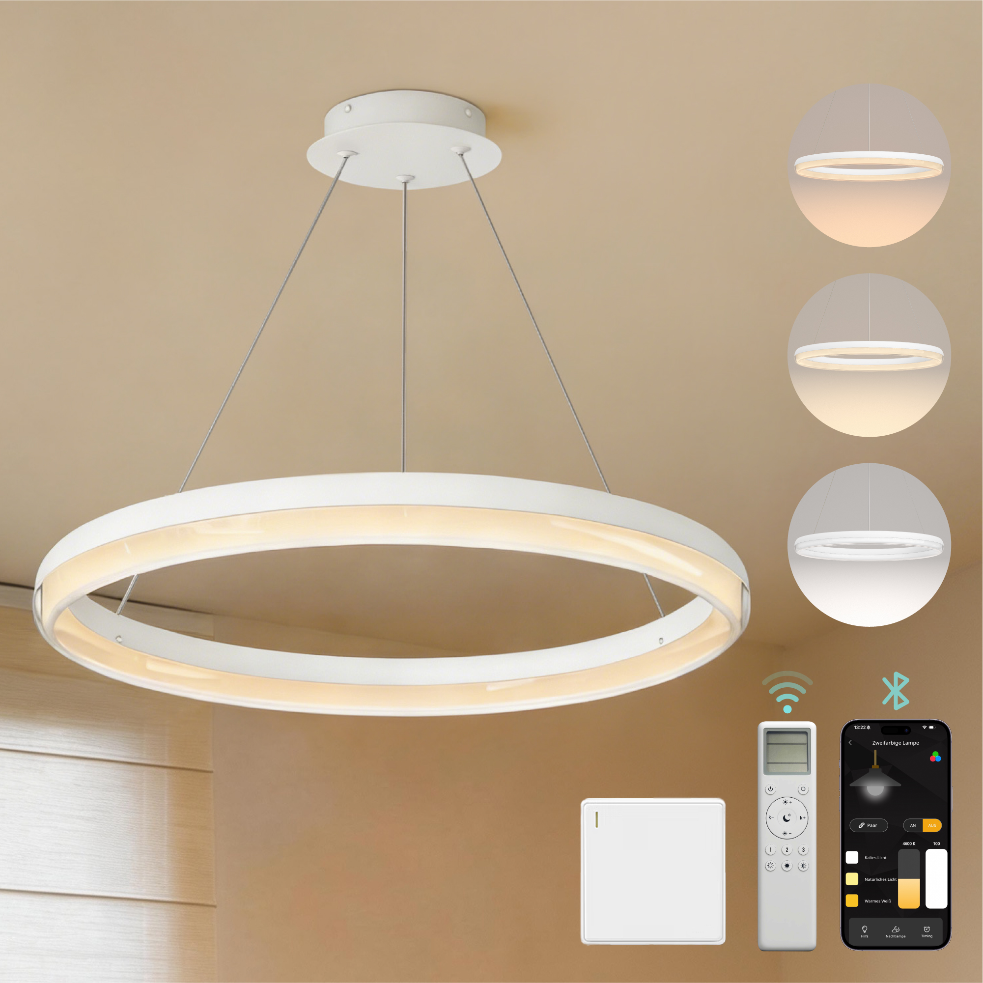Mai & Mai Pendelleuchte Esstisch, 45cm Led Moderne Hängelampe, Stufenlos Dimmbar 3000k–6000k, Höhenverstellbare Design 20w Esstischlampe Mit Fernbedienung & Wandschalter, Luvina05, Grau