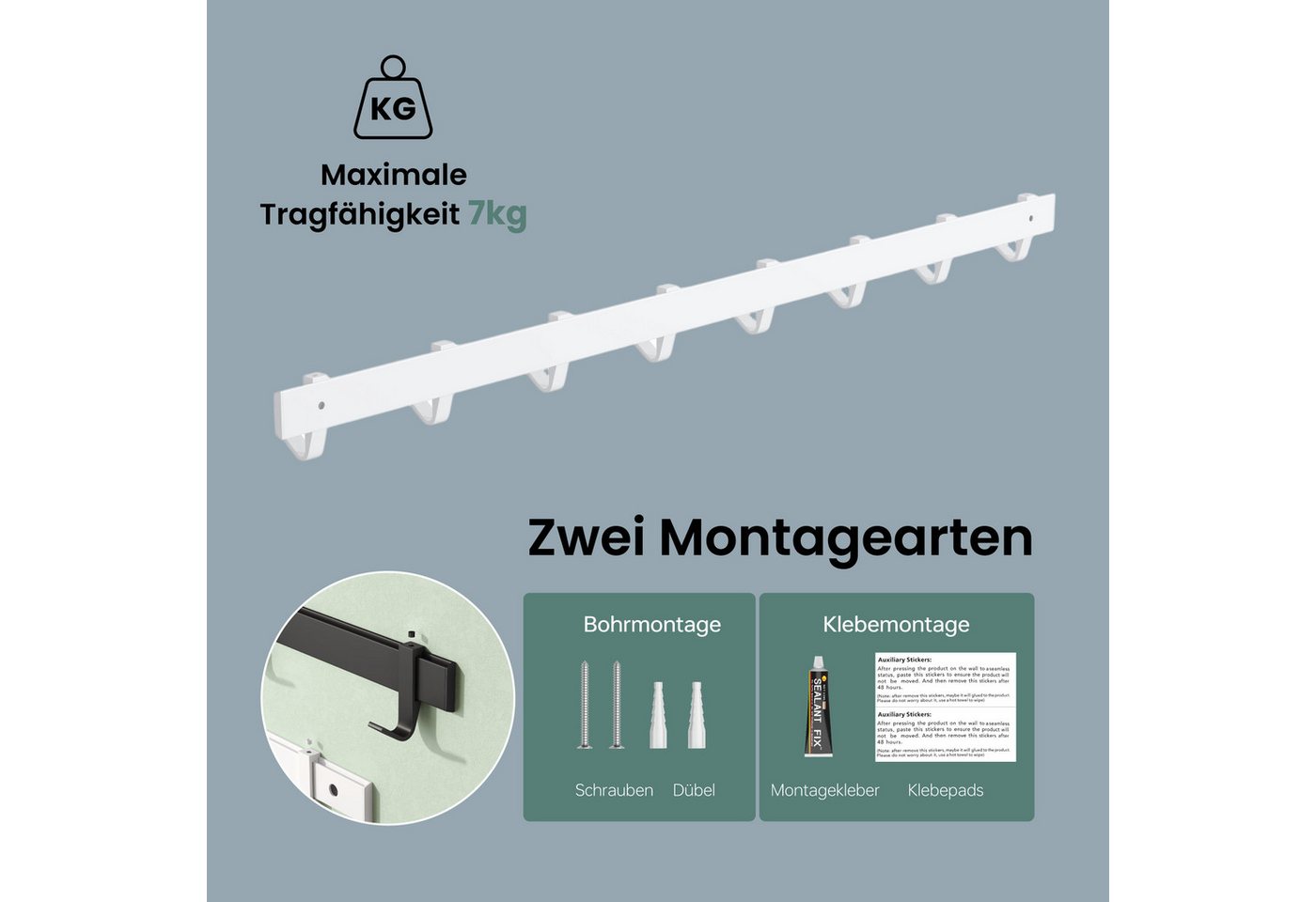 Mai & Mai Kleiderhaken Zum Bohren Oder Kleben, Garderobenleiste Aus Aluminium Mit 6 Haken, Garderobenhaken Wandhaken 60cm Matt Weiß Stalo-12 Bild 5