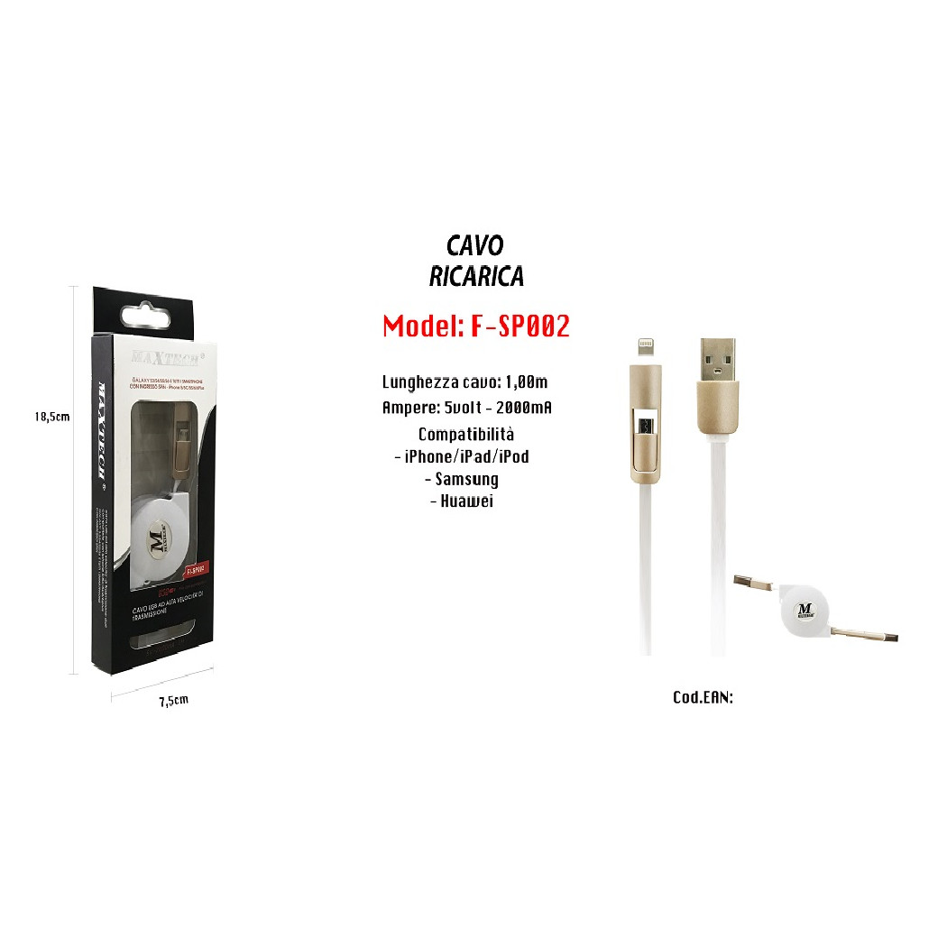 Maxtech - Trade Shop - Usb-ladekabel Für Iphone, Samsung, Huawei, 5 Volt, 2000 Ma, 1 M F-sp002 -