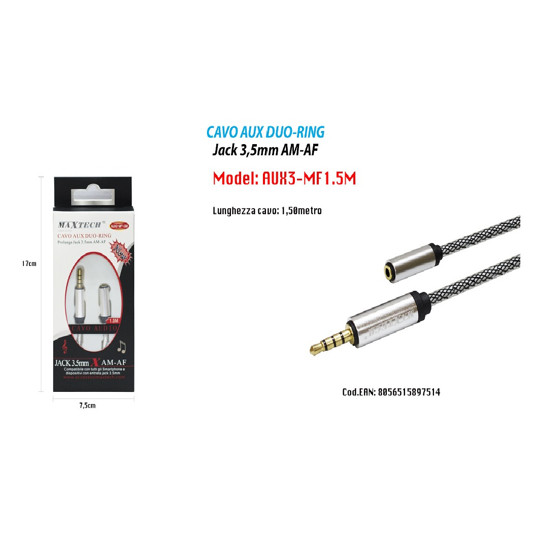 Trade Shop - Audio-aux-kabel Duo-ring-verlängerungsklinke 3,5 Mm Am-af 1,5 Mt Smartphone Maxtech Aux3-mf1,5m -